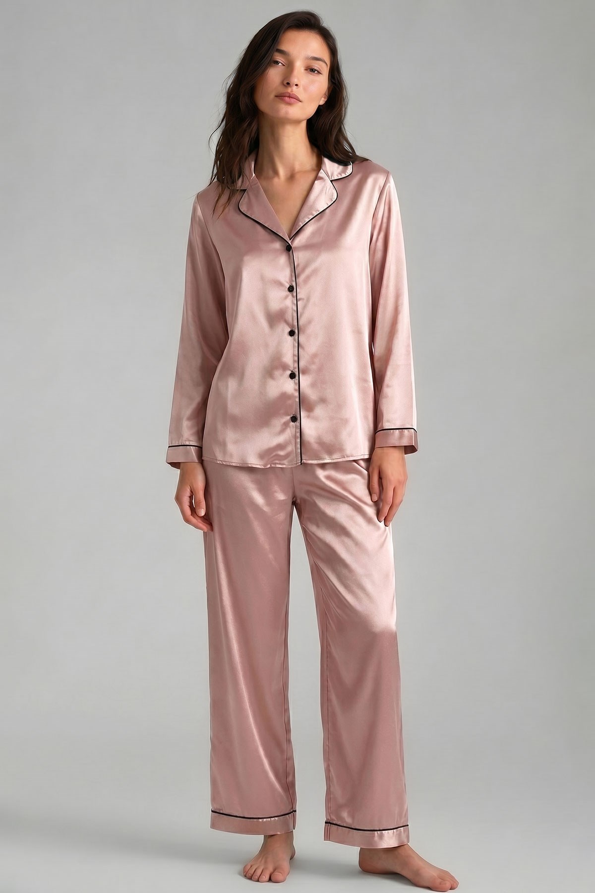 Mısırlı Kadın Saten Düğmeli Pijama Takım Gül Kurusu