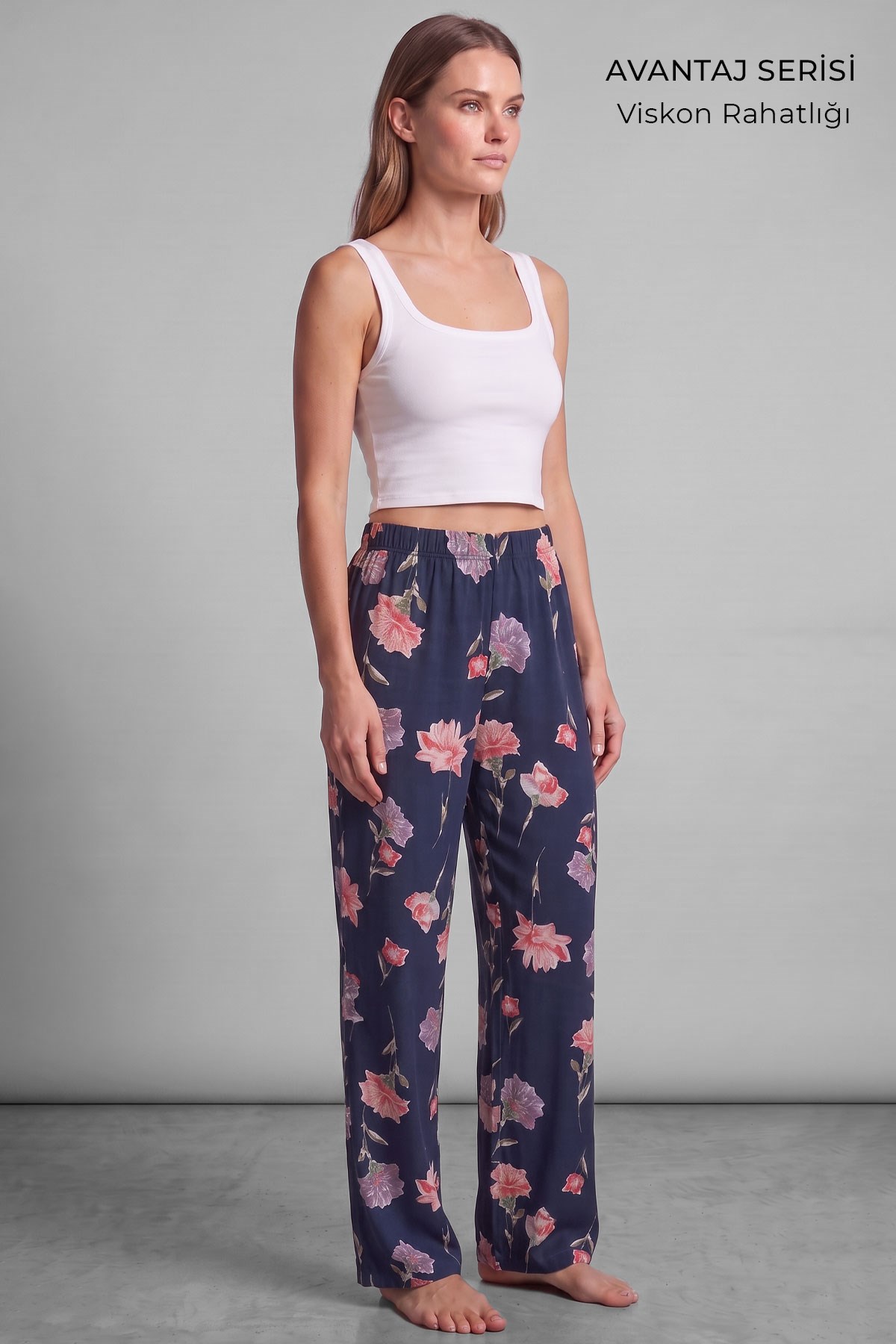 Mısırlı Kadın Viskon Çiçekli Alt Pijama Açık Lacivert