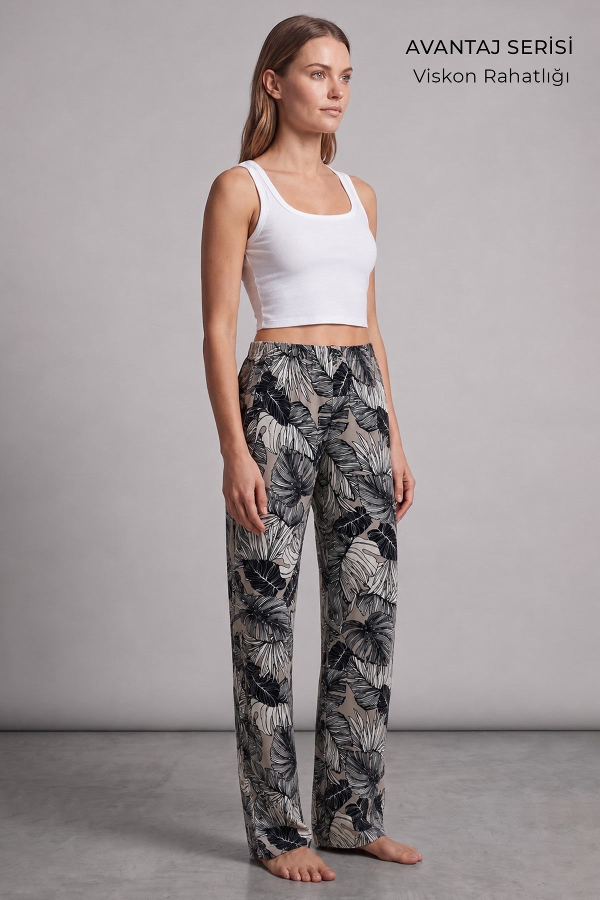Mısırlı Kadın Viskon Çiçekli Alt Pijama Bej