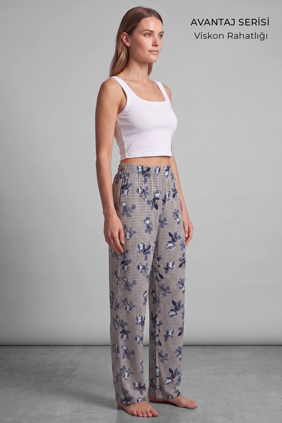 Mısırlı Kadın Viskon Çiçekli Alt Pijama Bej/Lacivert