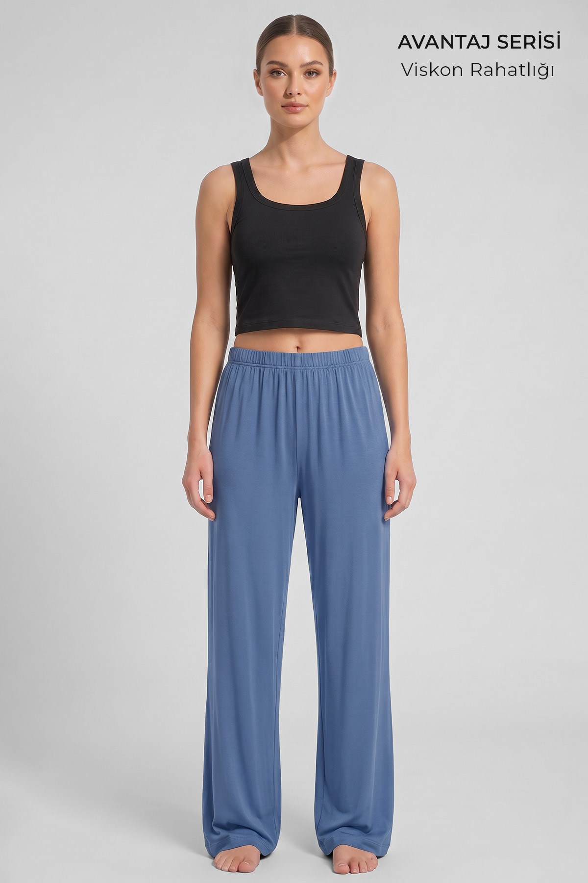 Mısırlı Kadın Viskon Düz Kesim Alt Pijama Denim Mavi