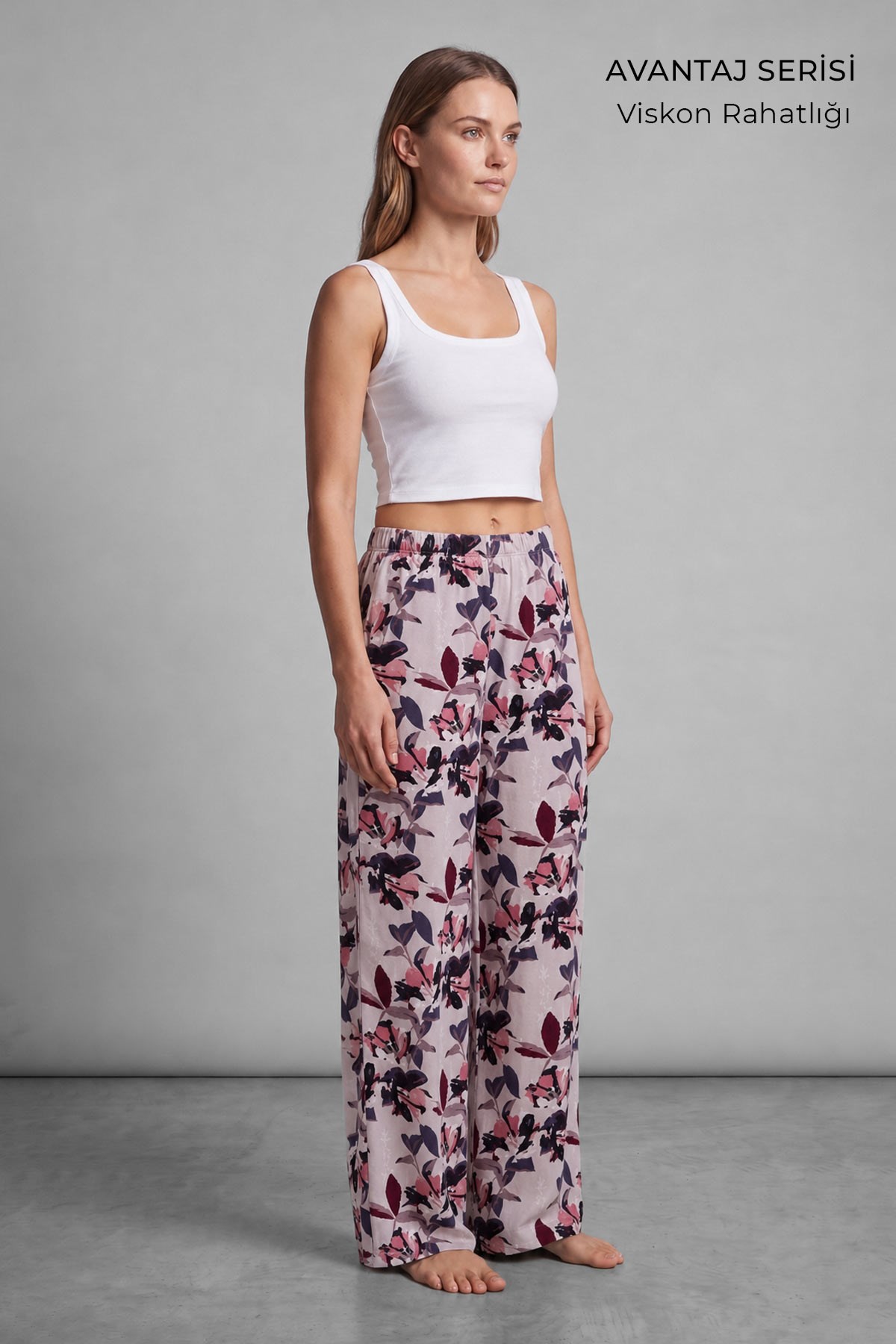 Mısırlı Kadın Viskon Çiçekli Alt Pijama Gül Kurusu