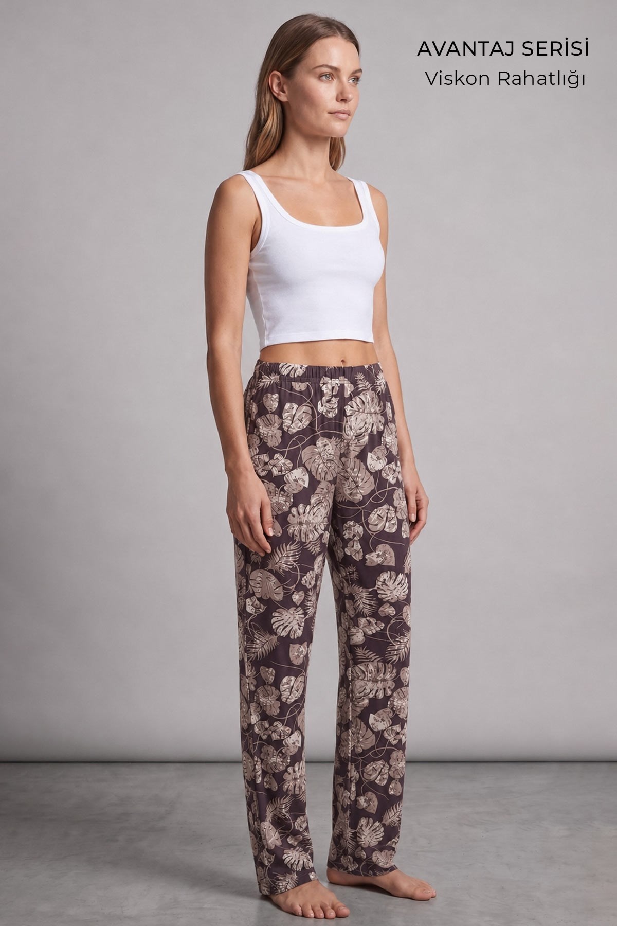 Mısırlı Kadın Viskon Çiçekli Alt Pijama Kahverengi