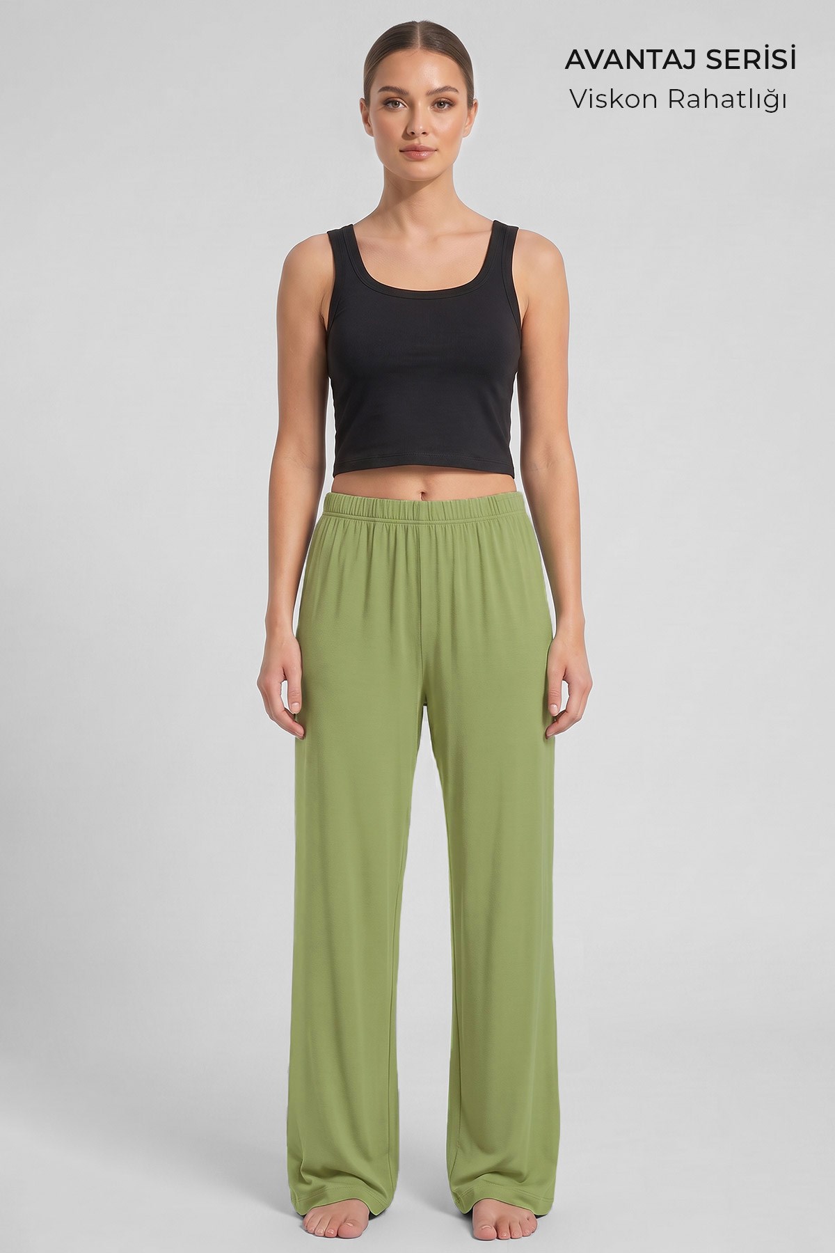 Mısırlı Kadın Viskon Düz Kesim Alt Pijama Limon Yeşili