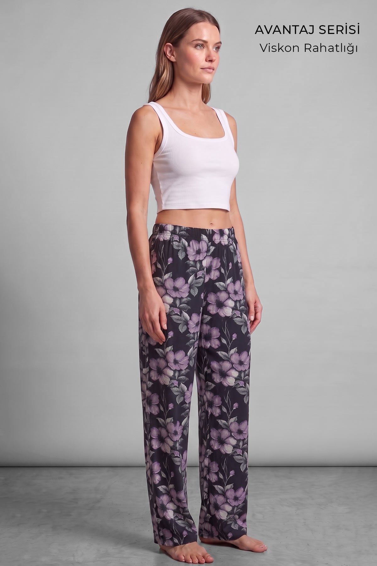 Mısırlı Kadın Viskon Çiçekli Alt Pijama Siyah
