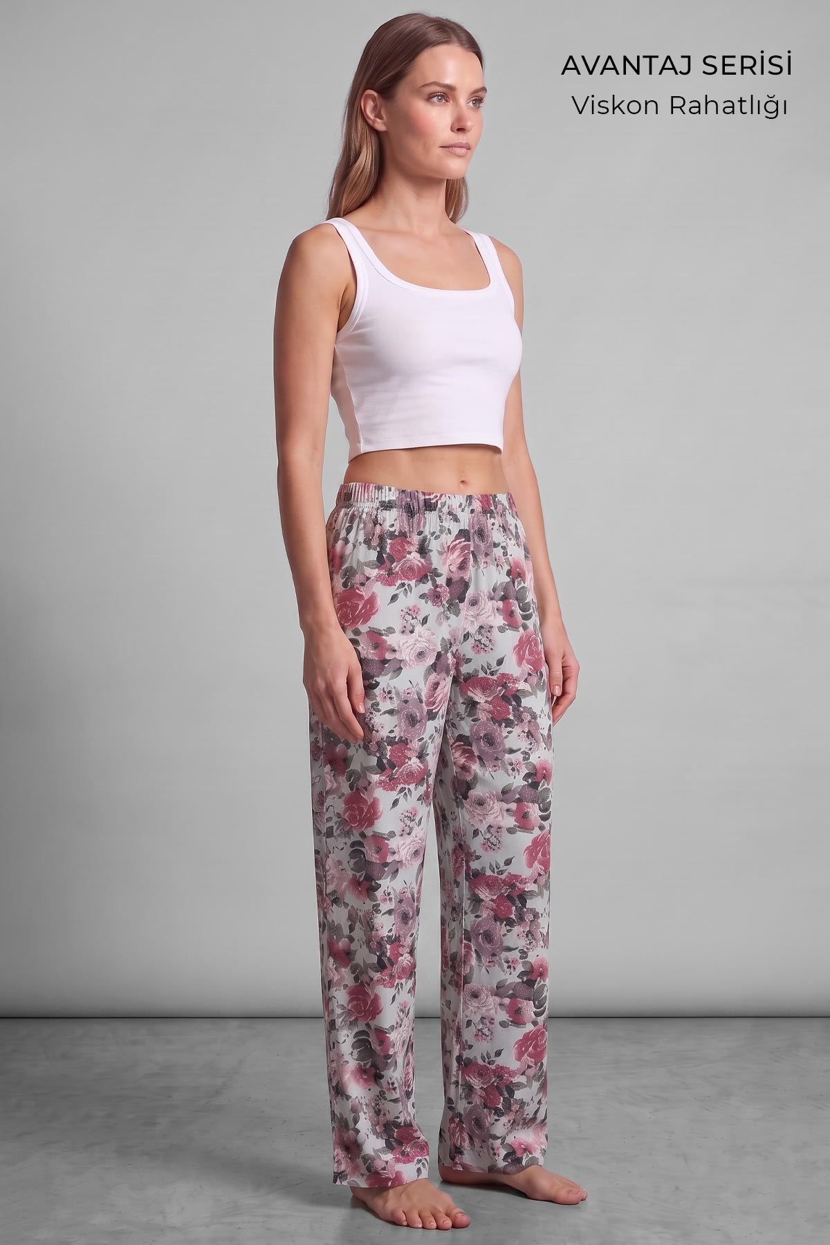 Mısırlı Kadın Viskon Çiçekli Alt Pijama Su Yeşili