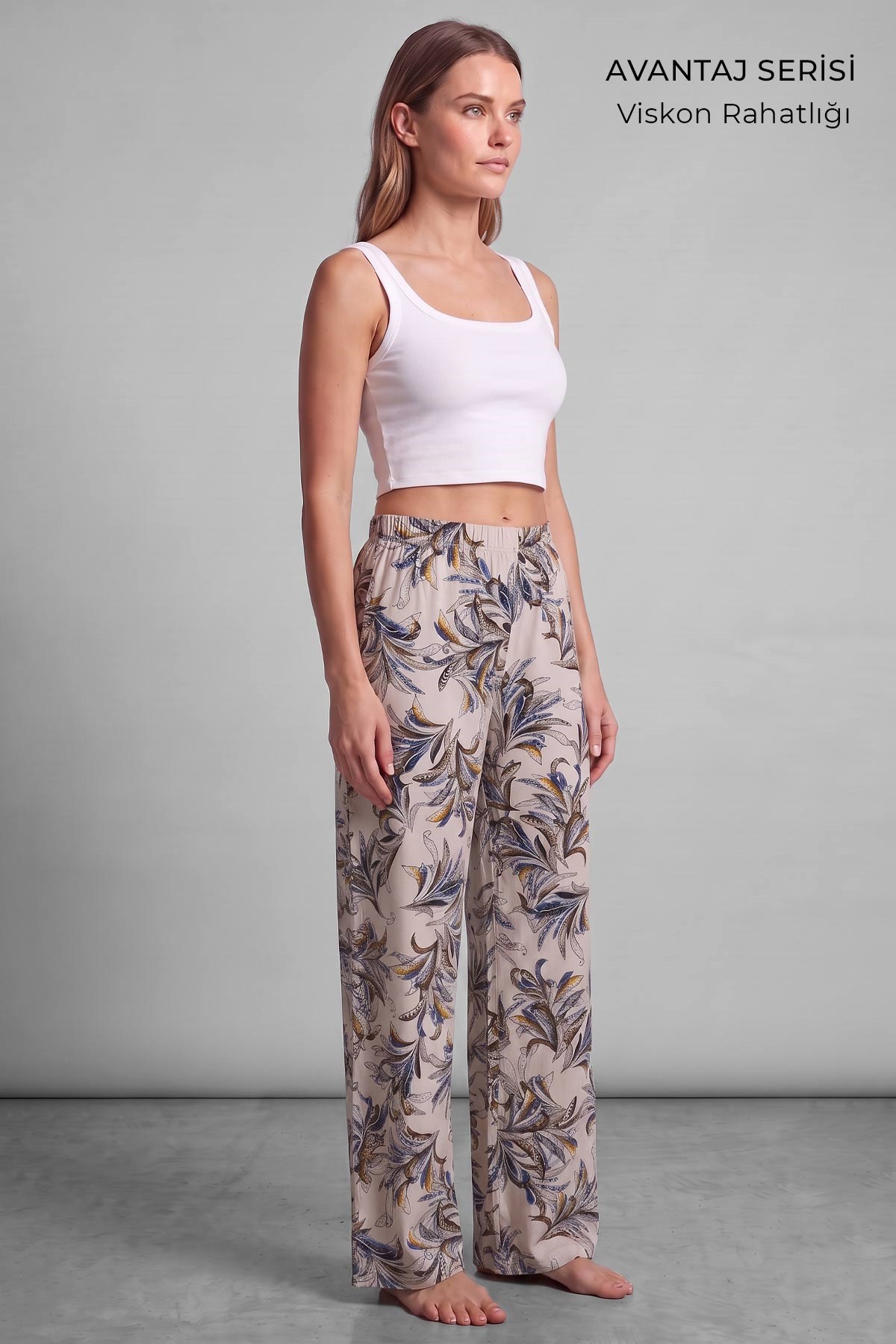 Mısırlı Kadın Viskon Çiçekli Alt Pijama Taş Rengi