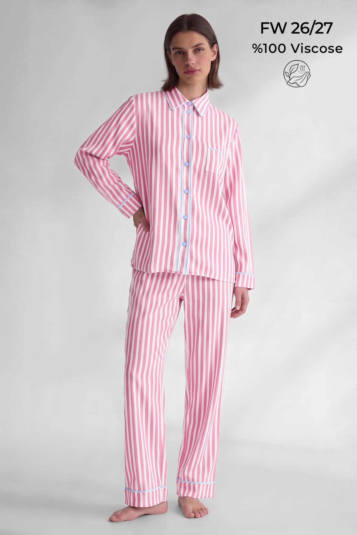 Mısırlı Kadın Viskon Çizgili Garni Detayli Pijama Takım Açık Pembe