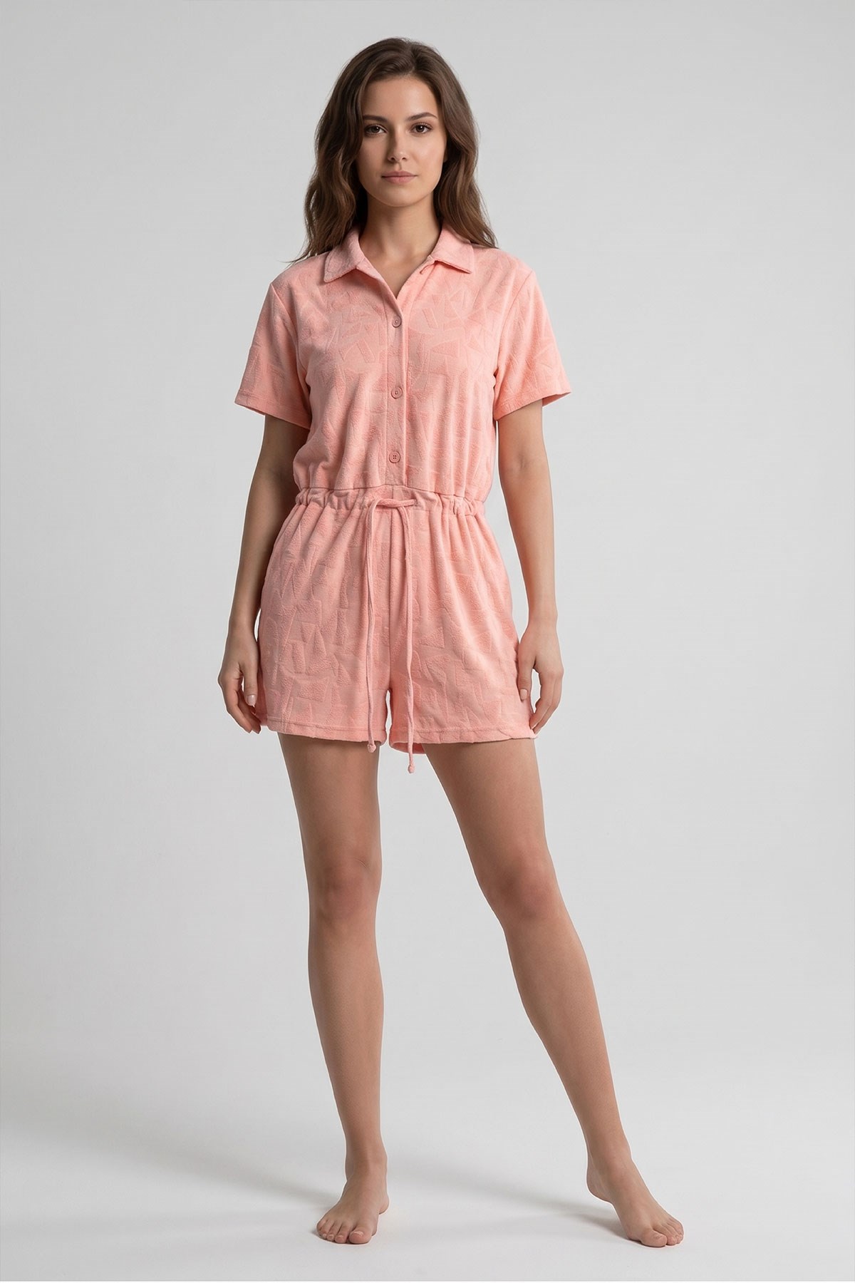 Mısırlı Kadın Viskon Havlu Kumaş Polo Yaka Tulum Pembe