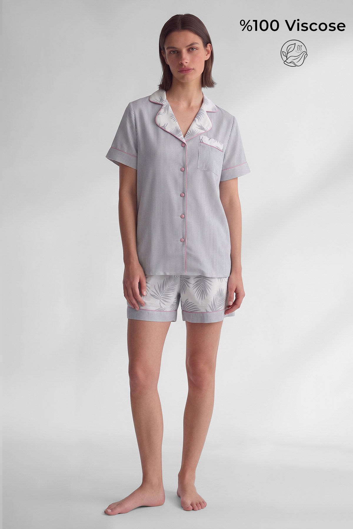 Mısırlı Kadın Viskon Kısa Kol Cep Detaylı Short Pijama Takım Gri