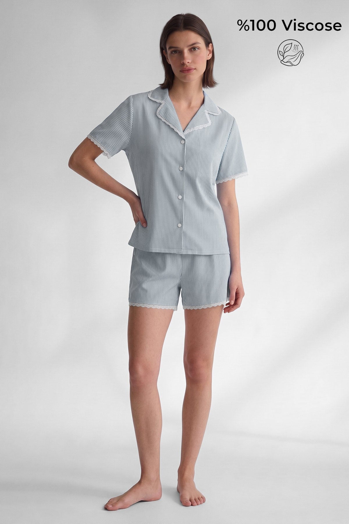 Mısırlı Kadın Viskon Kısa Kol Gömlek Short Pijama Takım Gri