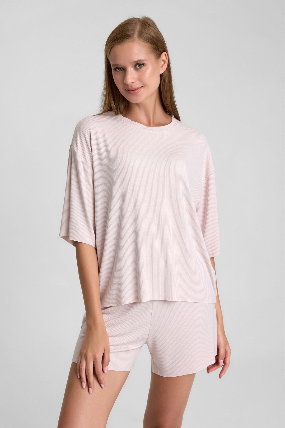 Mısırlı Kadın Viskon Oversize T-shirt Şort Takım Toz Pembe