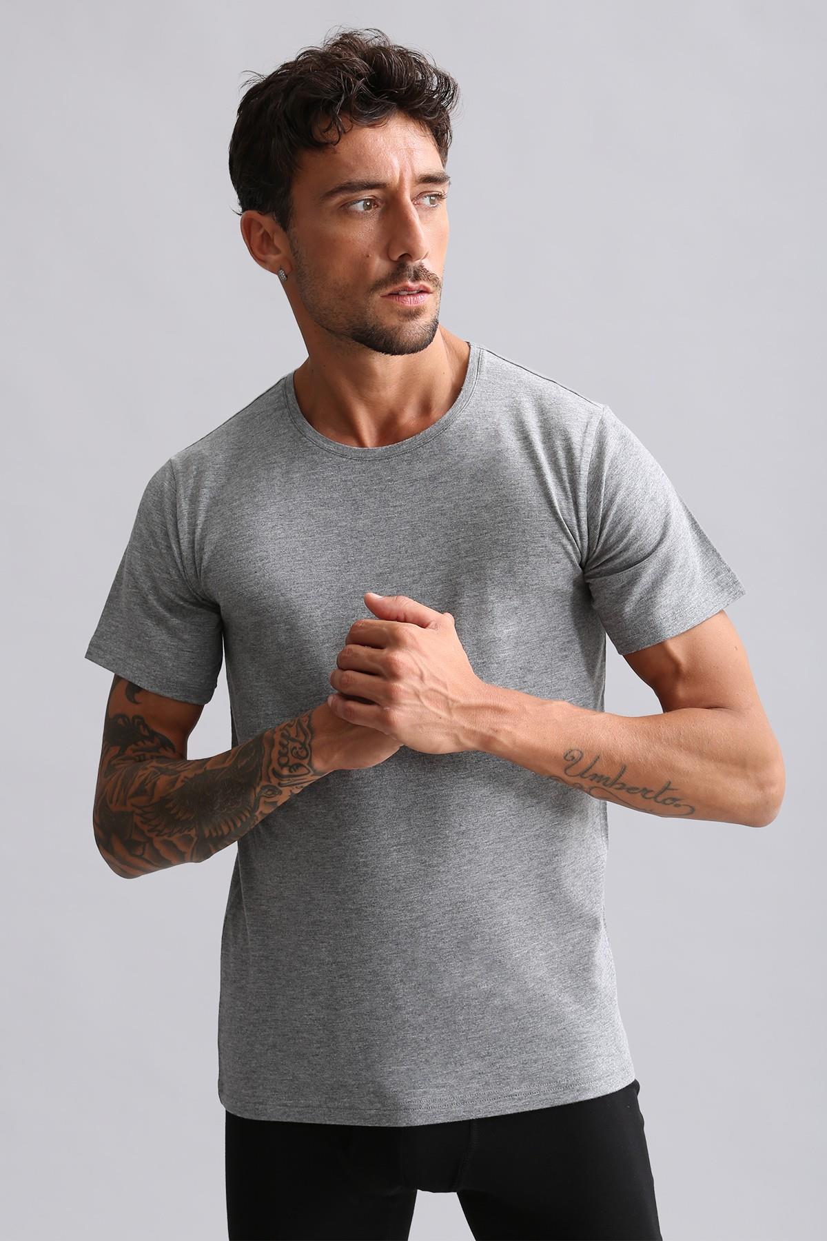 Mısırlı Modal by TENCEL HERCULES Slim Fit Bisiklet Yaka Fanila / T-Shirt Gri Melanj