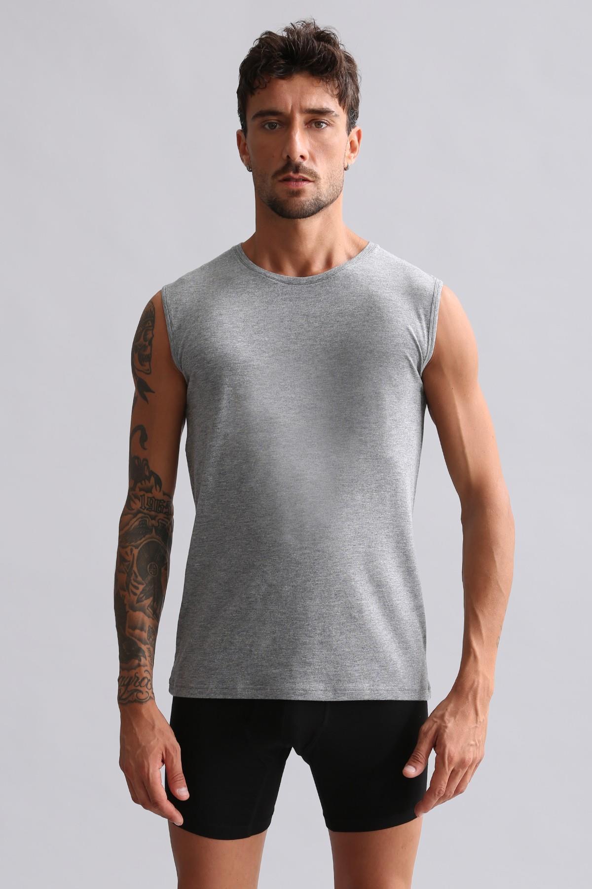 Mısırlı Modal by TENCEL HERCULES Slim Fit Bisiklet Yaka Sporcu Atlet Gri Melanj