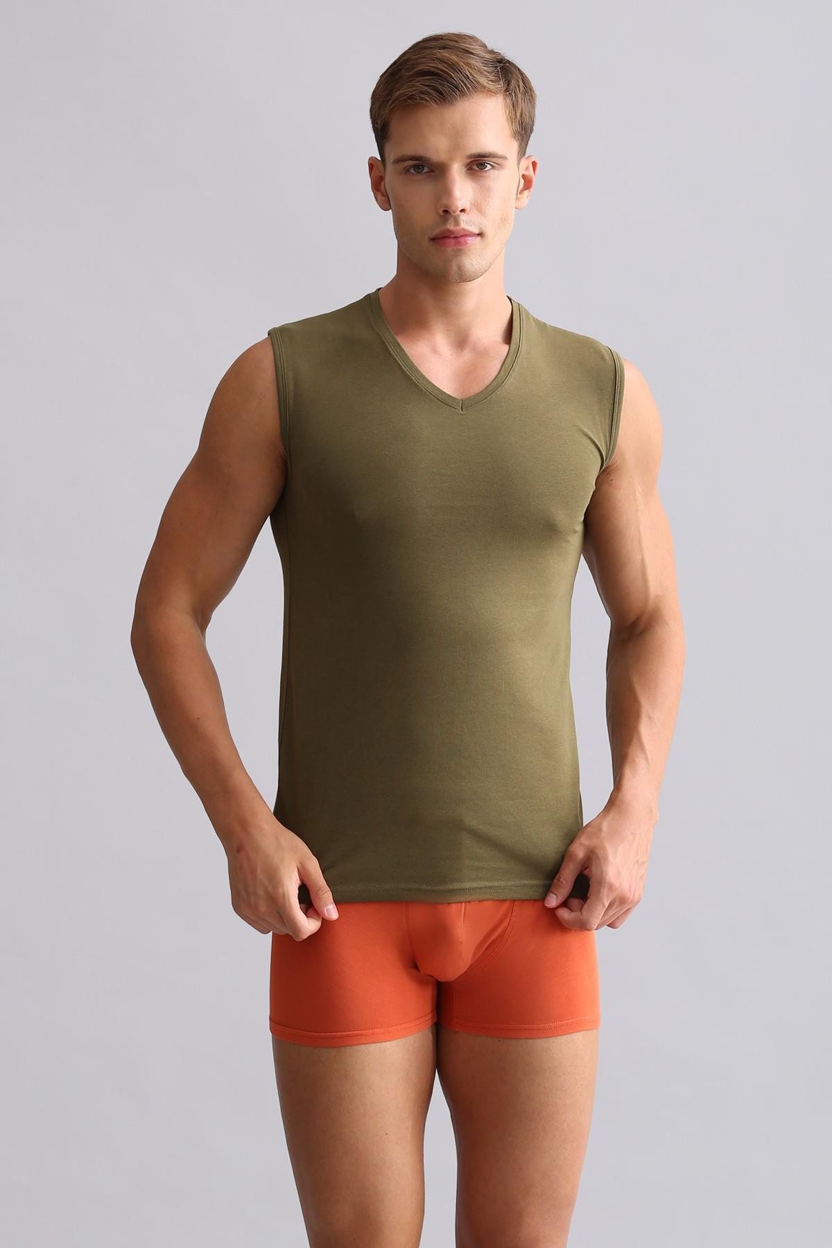 Mısırlı Modal by TENCEL HERCULES Slim Fit V Yaka Sporcu Atlet / T-Shirt Koyu Haki