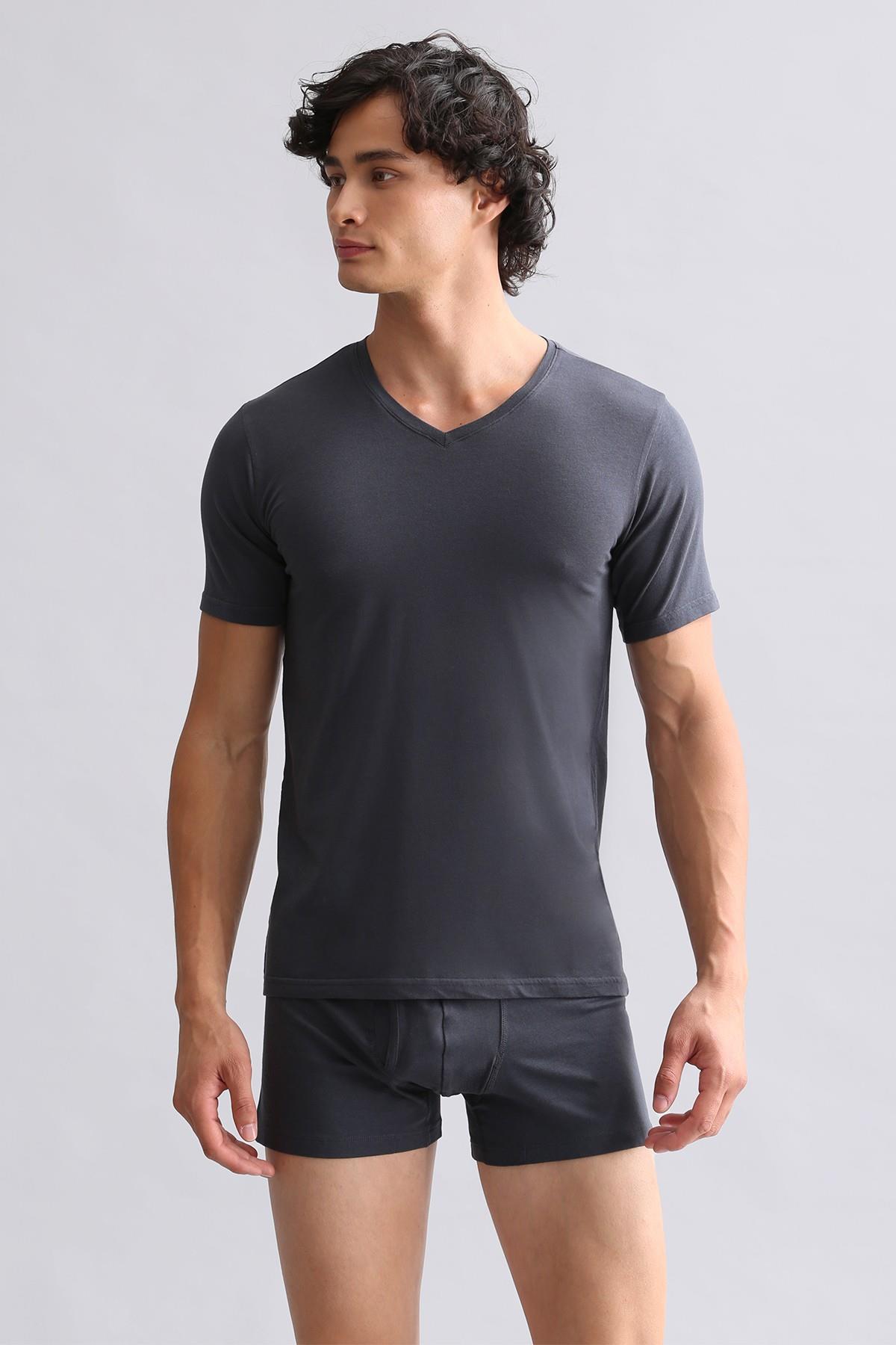 Mısırlı Modal by TENCEL HERCULES Slim Fit V Yaka Fanila / T-Shirt Antrasit