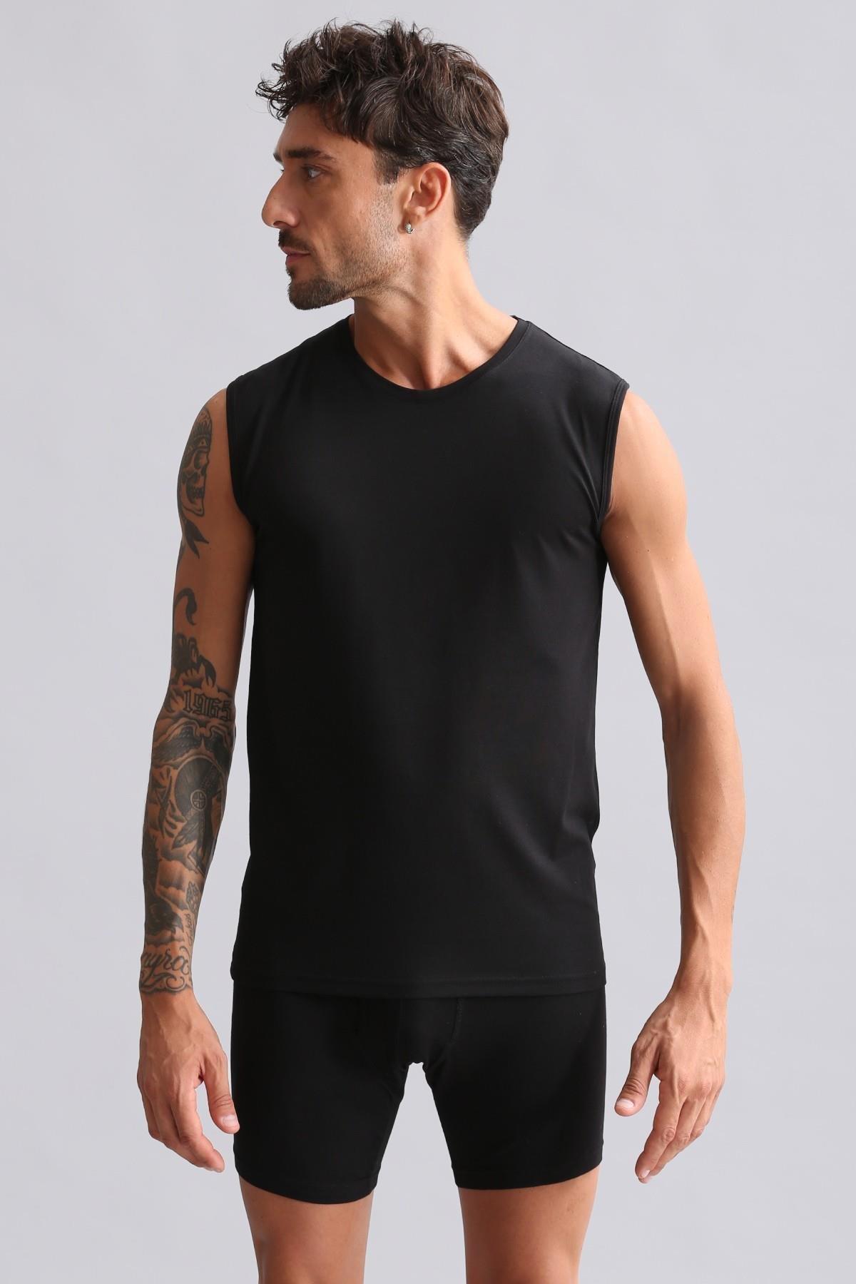 Mısırlı Modal by TENCEL HERCULES Slim Fit Bisiklet Yaka Sporcu Atlet Siyah