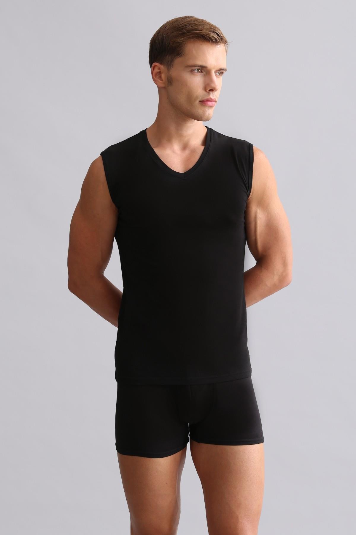 Mısırlı Modal by TENCEL HERCULES Slim Fit V Yaka Sporcu Atlet / T-Shirt Siyah