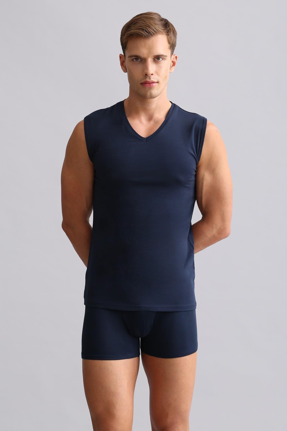 Mısırlı Modal by TENCEL HERCULES Slim Fit V Yaka Sporcu Atlet / T-Shirt Lacivert