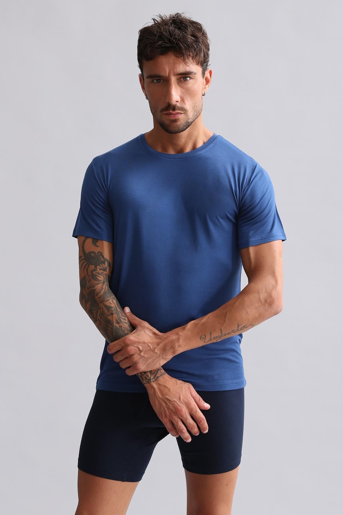 Mısırlı Modal by TENCEL HERCULES Slim Fit Bisiklet Yaka Fanila / T-Shirt Gece Mavisi