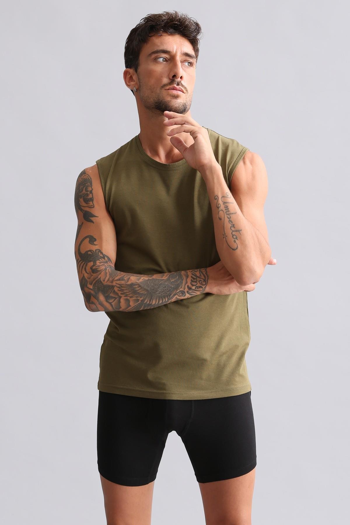 Mısırlı Modal by TENCEL HERCULES Slim Fit Bisiklet Yaka Sporcu Atlet Koyu Haki