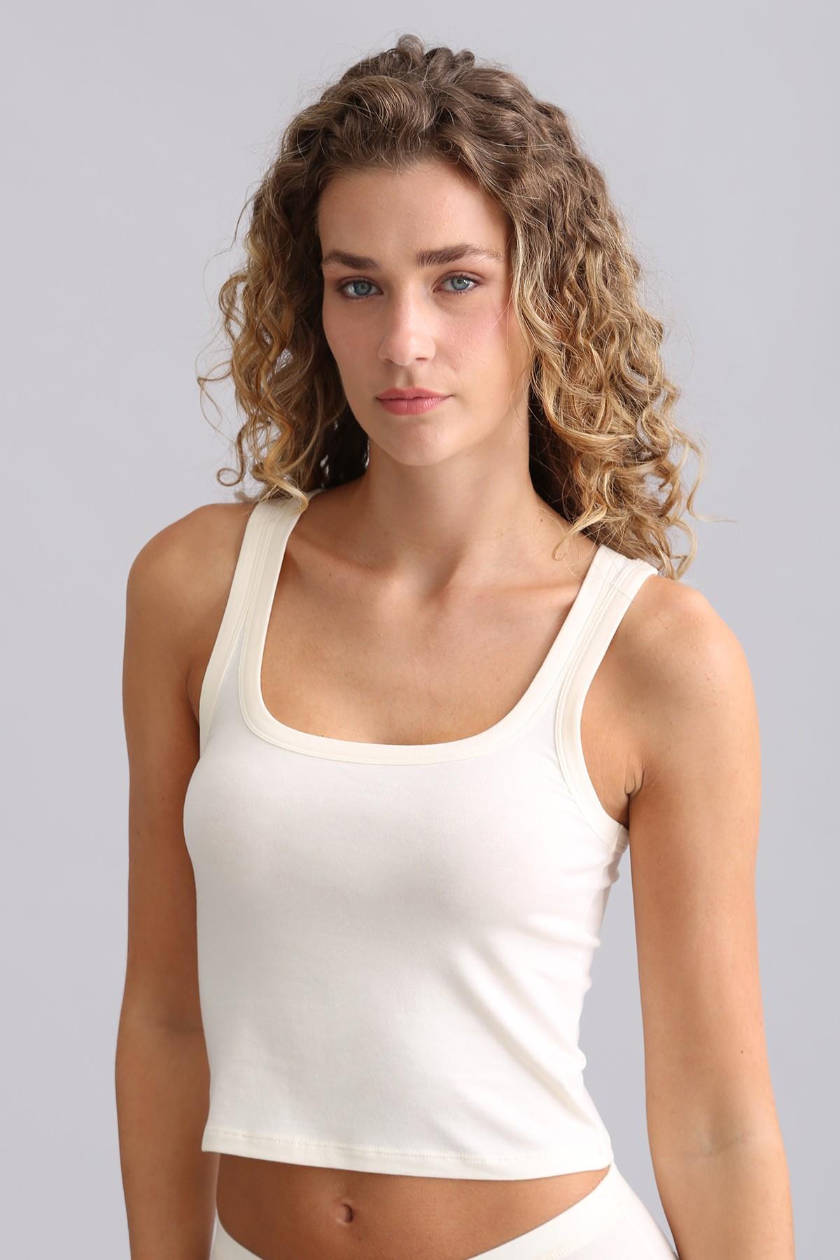 Mısırlı Modal by TENCEL U HELEN Kalın Askılı Crop / T-Shirt Ekru