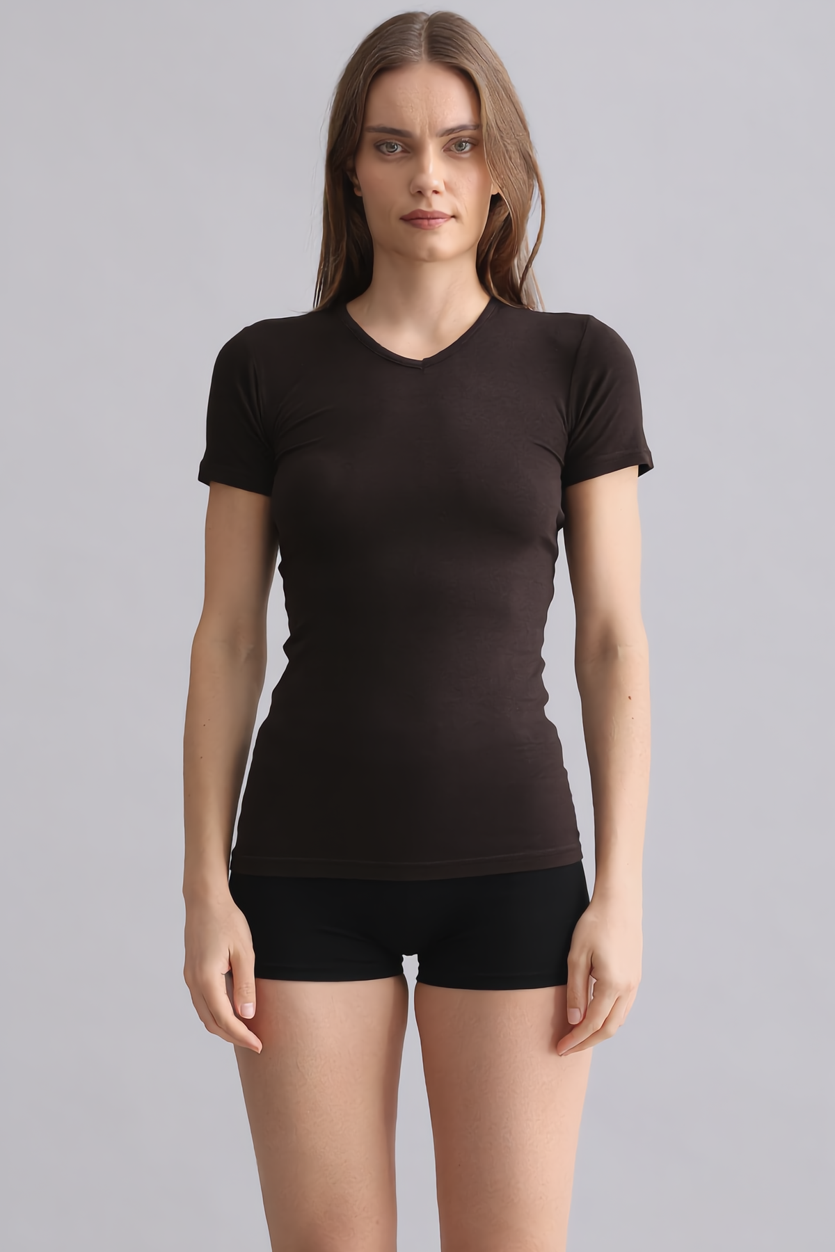 Mısırlı Modal by TENCEL VICTORIA V Yaka Fanila / T-Shirt Kahverengi