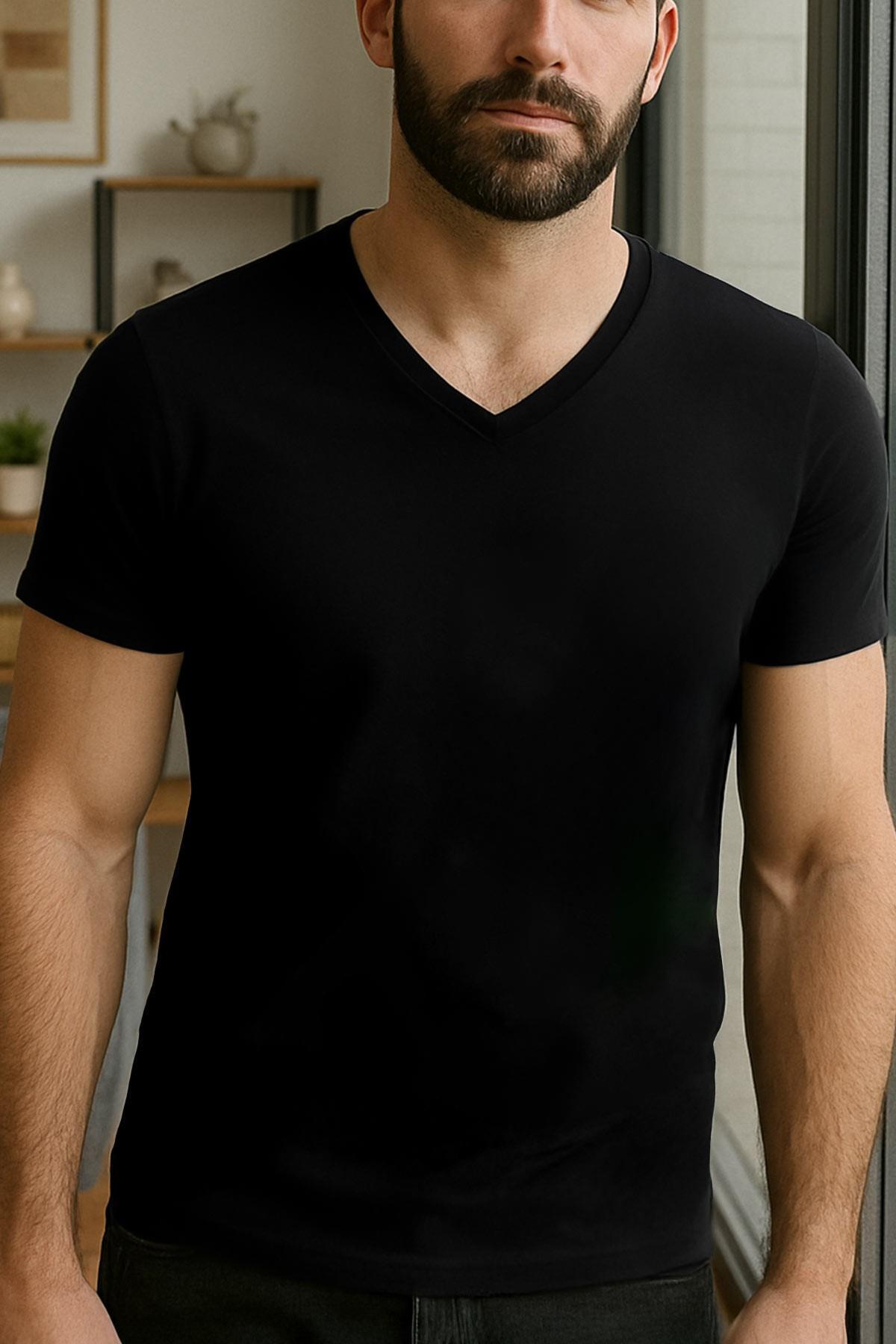 Mısırlı Modal V Yaka Regular Fit Fanila / T-Shirt Siyah