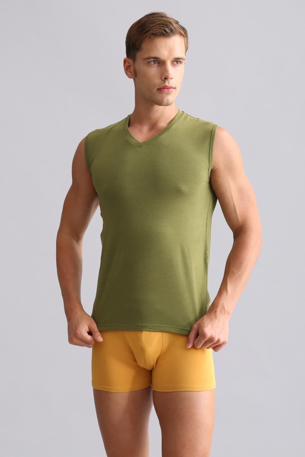 Mısırlı ORGANIC Pamuklu HERCULES Slim Fit V Yaka Sporcu Atlet Haki
