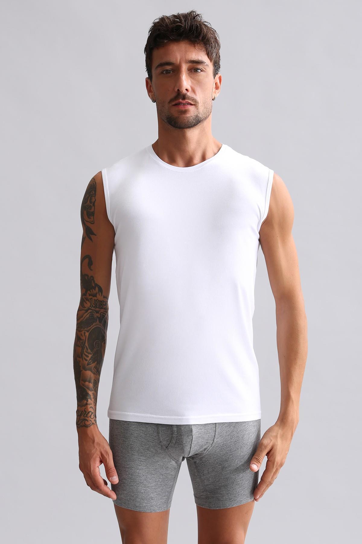 Mısırlı ORGANIC Pamuklu HERCULES Slim Fit Bisiklet Yaka Sporcu Atlet Beyaz