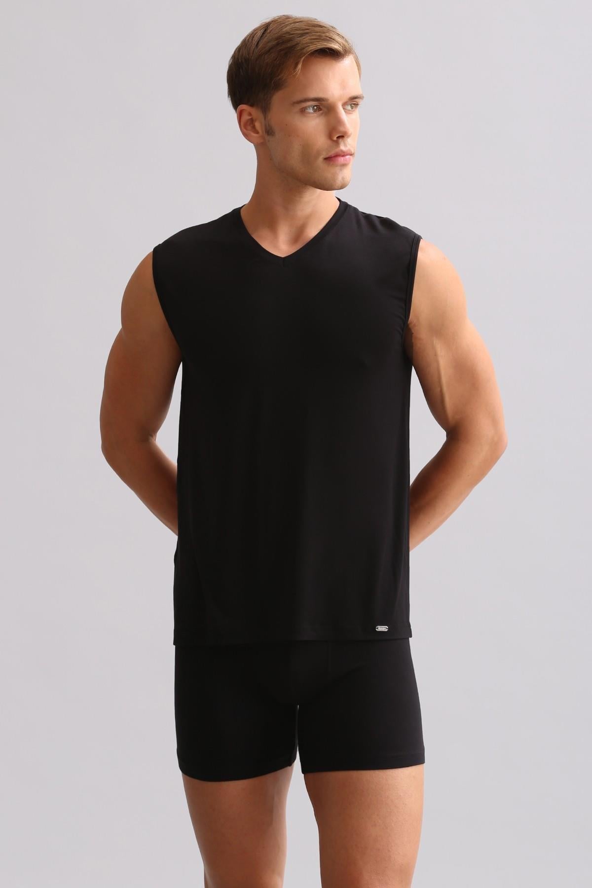 Mısırlı ORGANIC Pamuklu ZEUS LUXURY Regular Fit V Yaka Sporcu Atlet Siyah