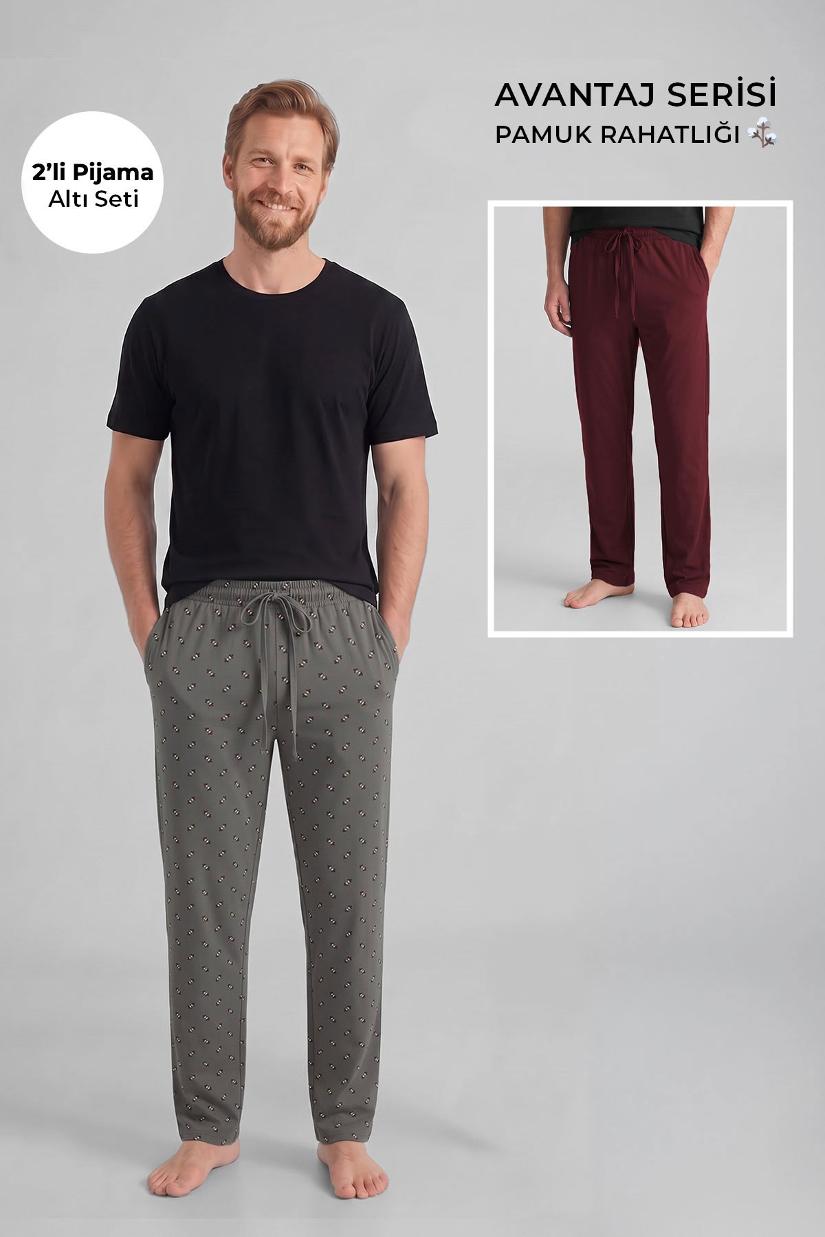 Mısırlı Pamuklu Erkek İkili Alt Pijama Antrasit Gri-Bordo