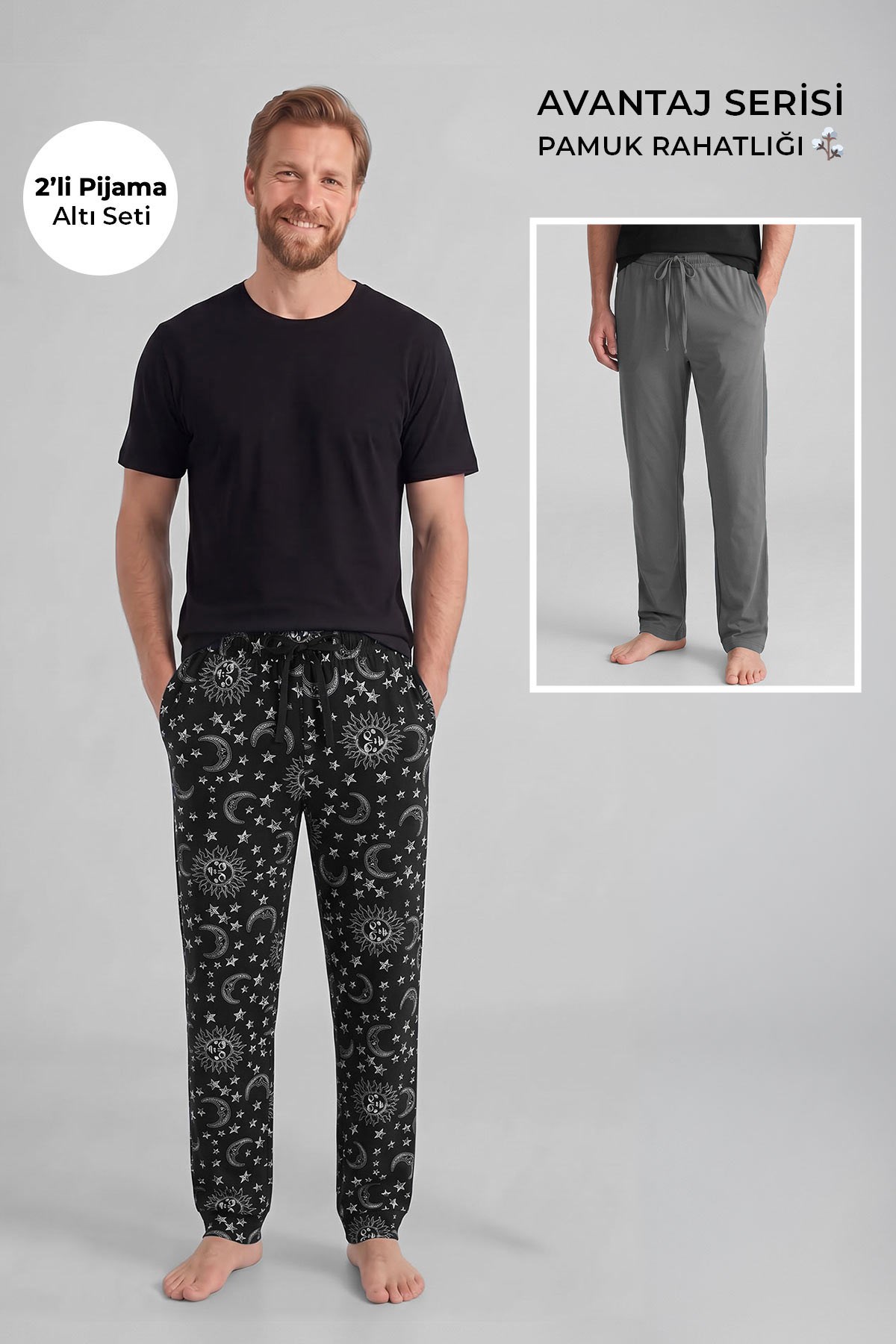 Mısırlı Pamuklu Erkek İkili Alt Pijama Baskılı Siyah-Koyu Gri