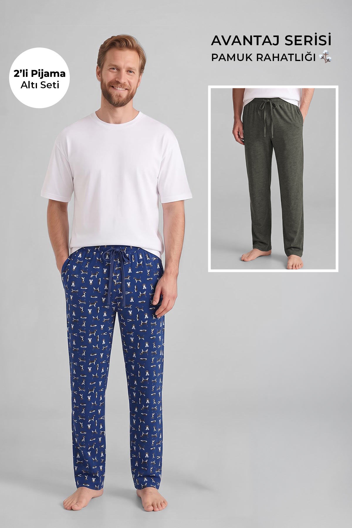Mısırlı Pamuklu Erkek İkili Alt Pijama Baskılı Lacivert-Yeşil Melanj