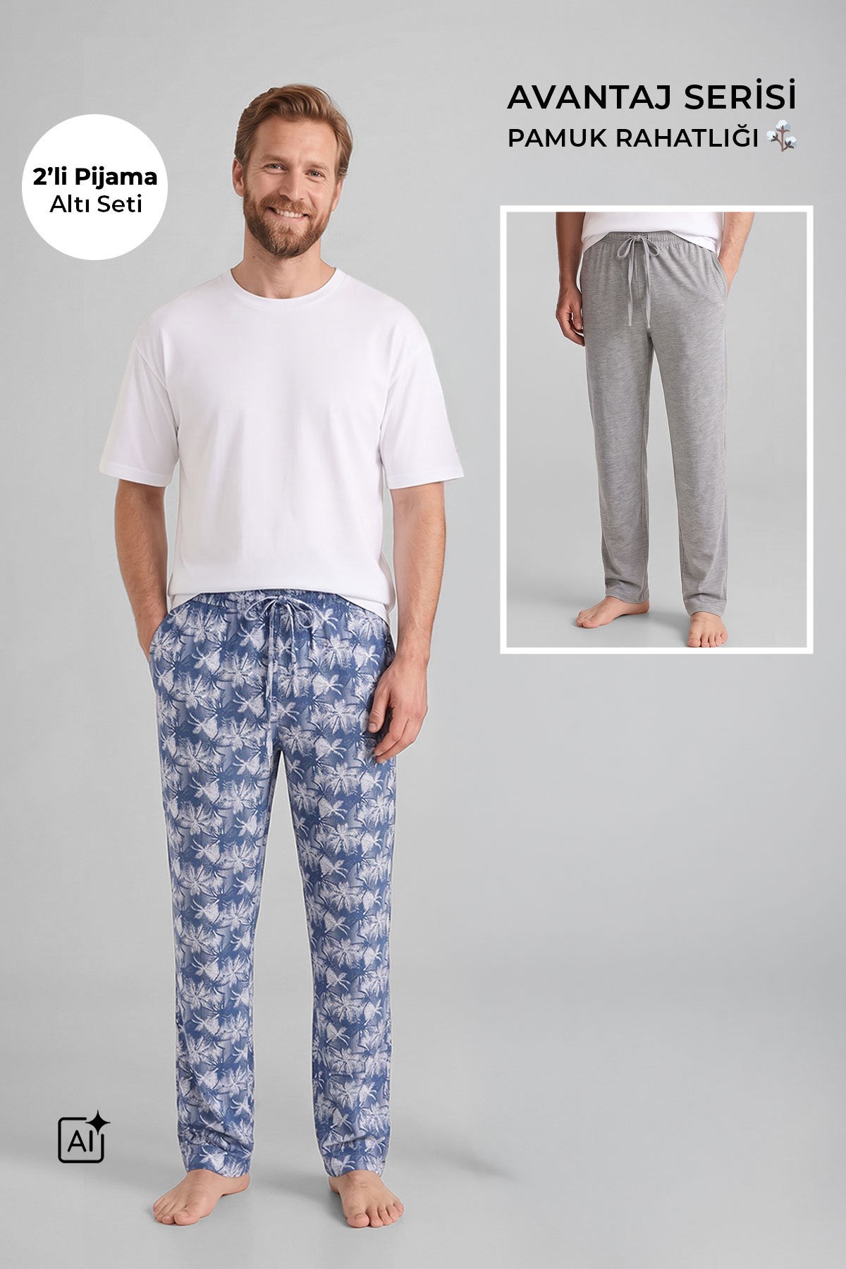 Mısırlı Pamuklu Erkek İkili Alt Pijama Baskılı İndigo-Gri Melanj
