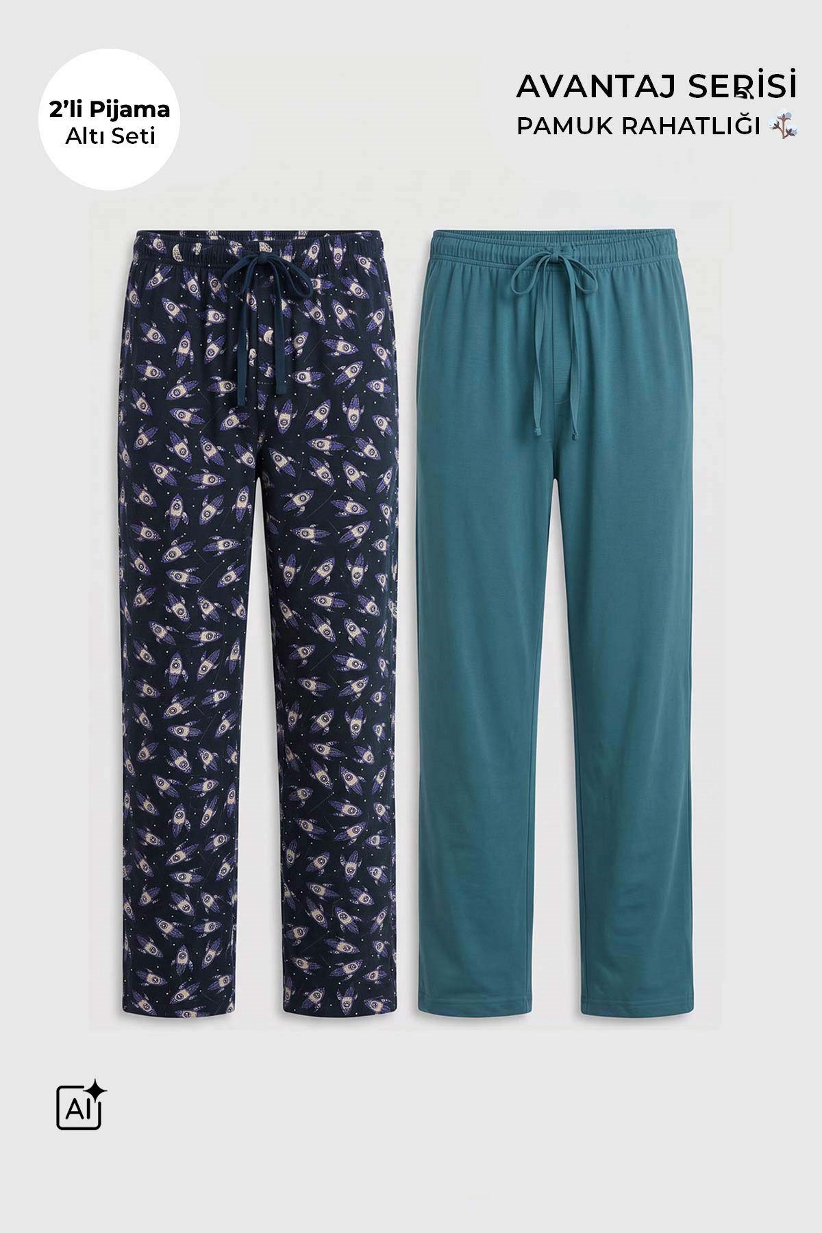 Mısırlı Pamuklu Erkek İkili Alt Pijama Baskılı Siyah-Petrol Yeşil