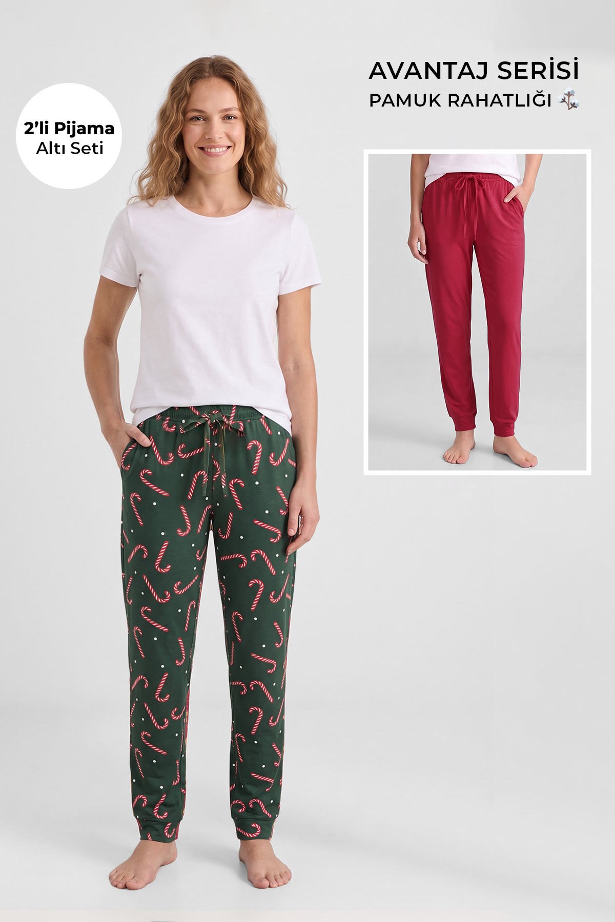 Mısırlı Pamuklu Kadın İkili Alt Pijama Baskılı Yeşil-Kırmızı