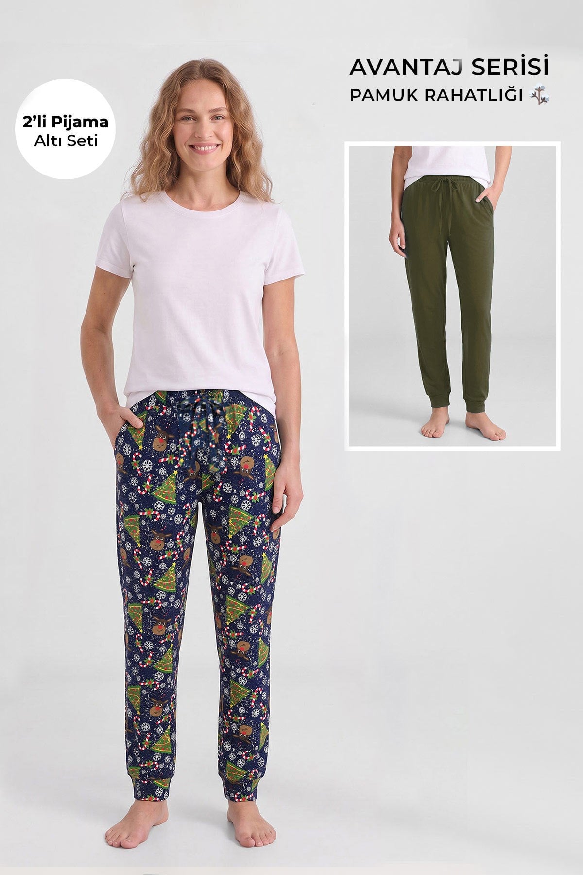 Mısırlı Pamuklu Kadın İkili Alt Pijama Baskılı Lacivert-Açık Haki