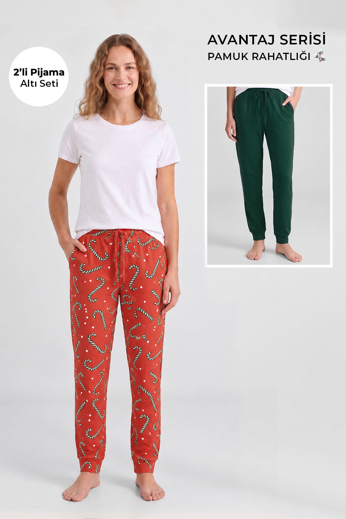 Mısırlı Pamuklu Kadın İkili Alt Pijama Baskılı Oranj-Koyu Yeşil