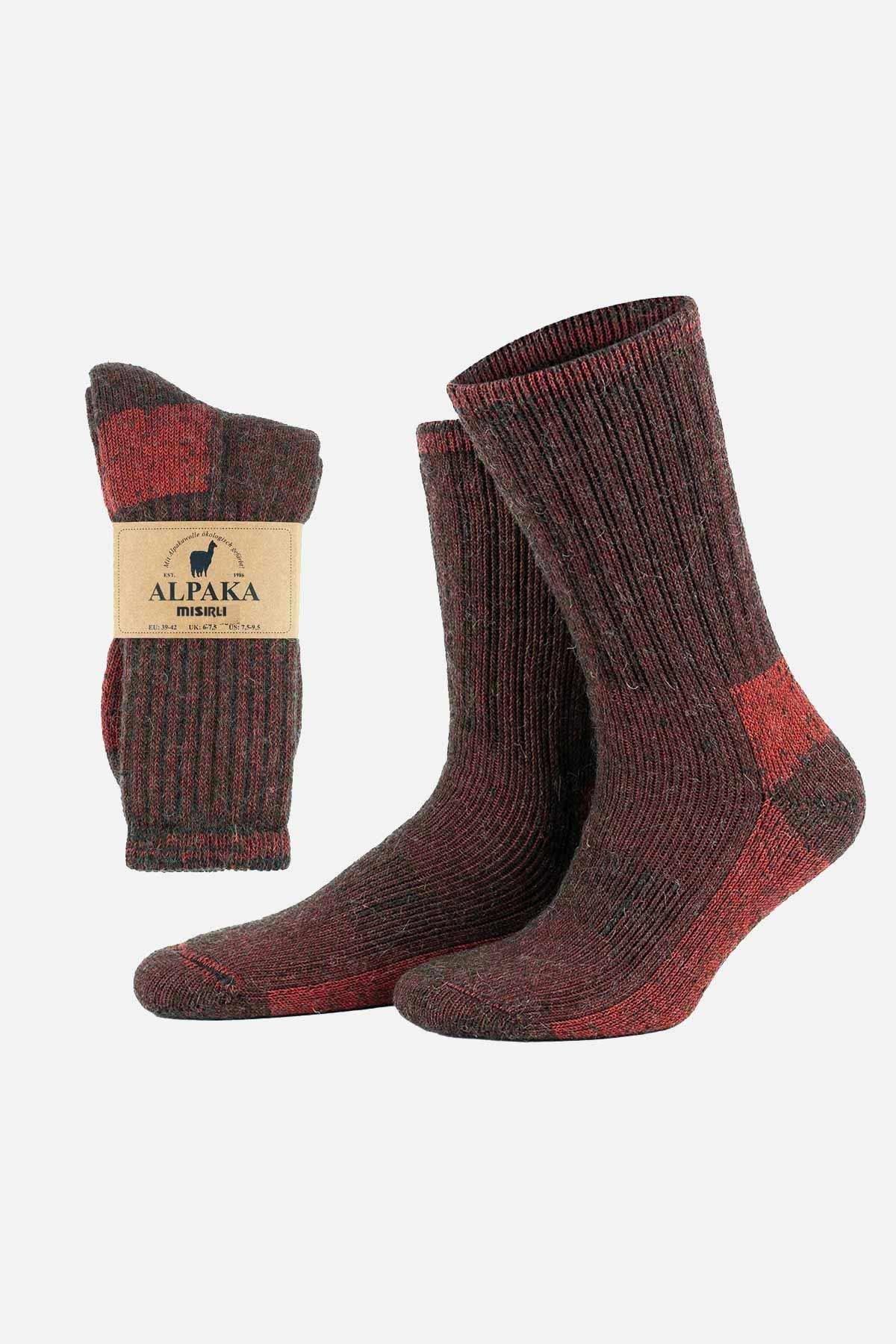 Mısırlı Unisex Alpaka Yünü Havlu Kışlık Soket Çorap Kahverengi/Pembe