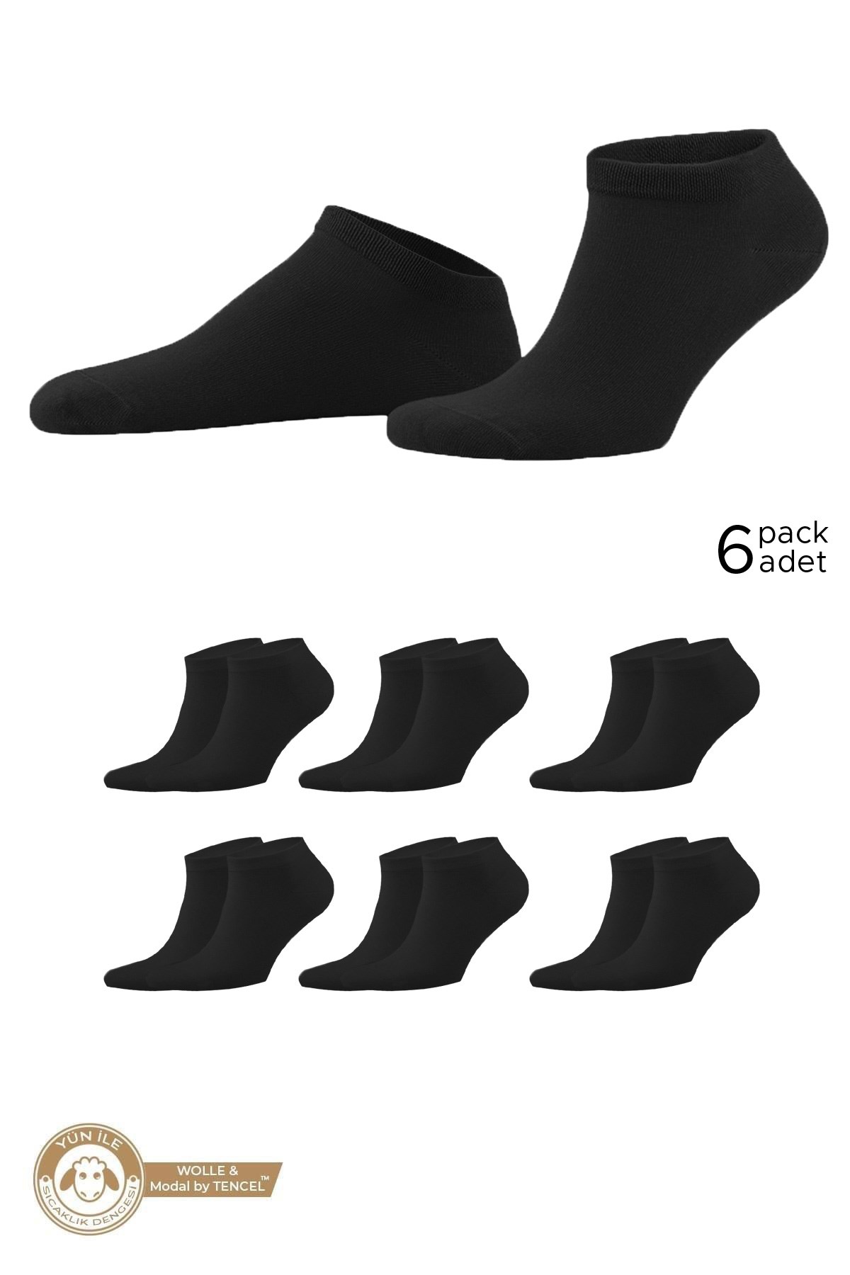 Mısırlı Unisex YÜN & LYOCELL by Tencel  Karışımlı 6 Çift Patik Çorap Siyah