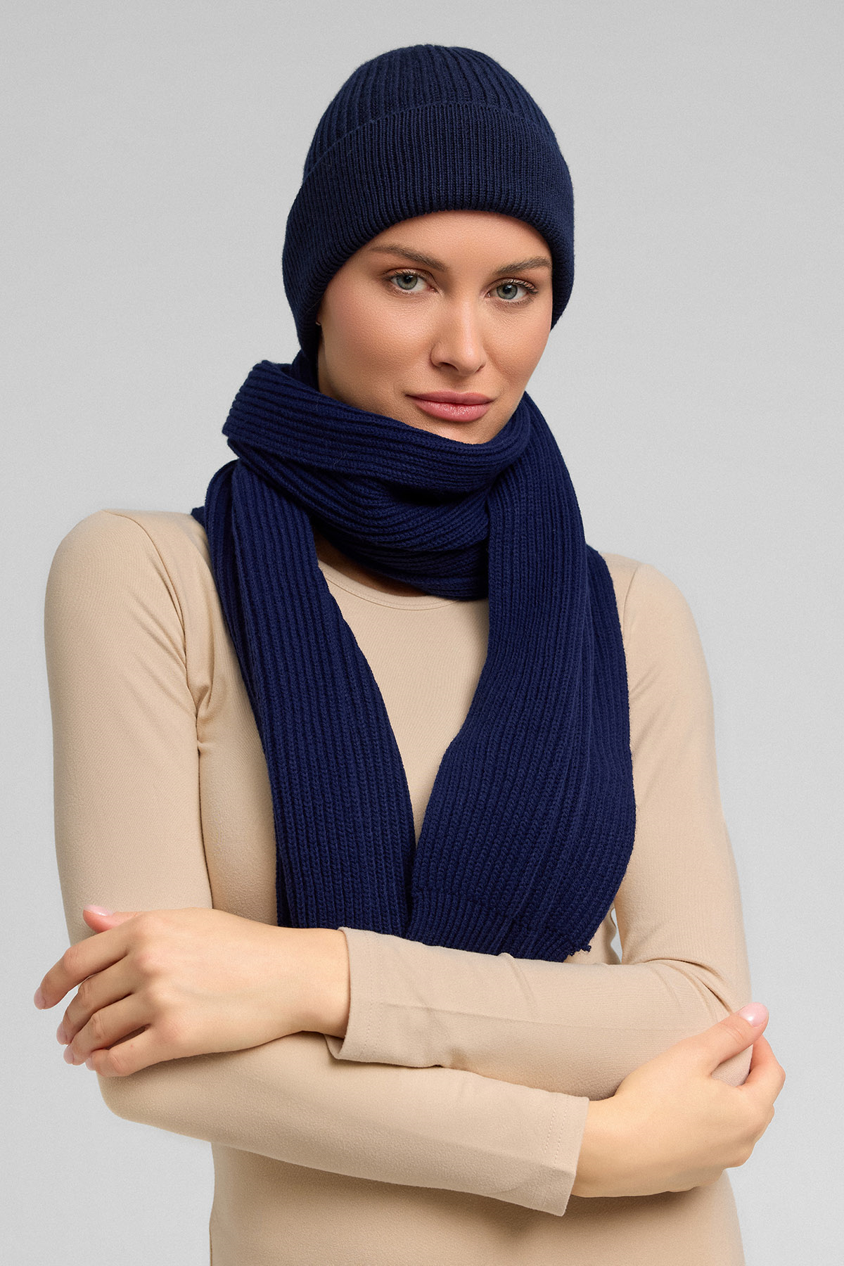 Mısırlı Unisex Yün Atkı Bere Takımı - RoseLuis Lacivert