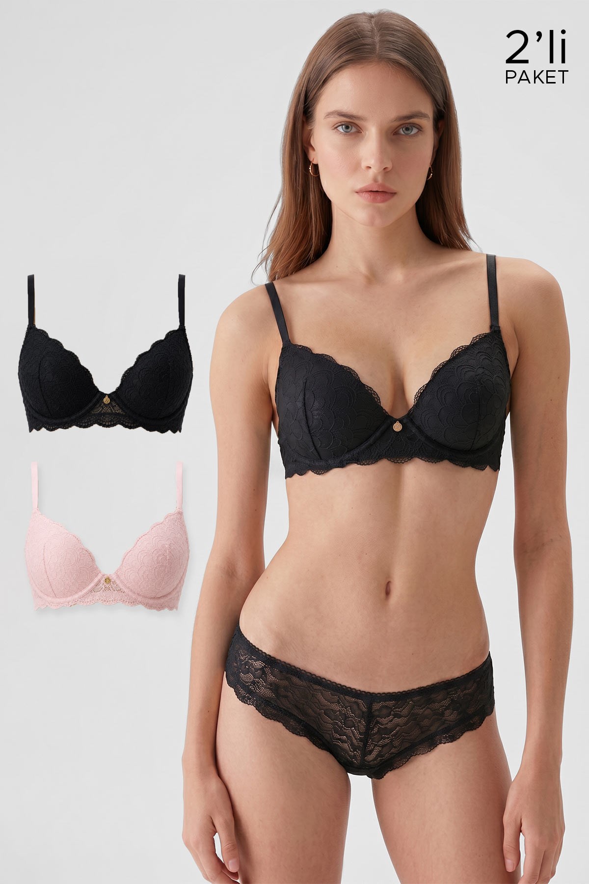 Msırlı Kadın 2'li Ekonomik Paket Balenli Soft Push Up Dantelli Sütyen Tak Çıkar B/C/D Cup Seçeneği Siyah-Pudra