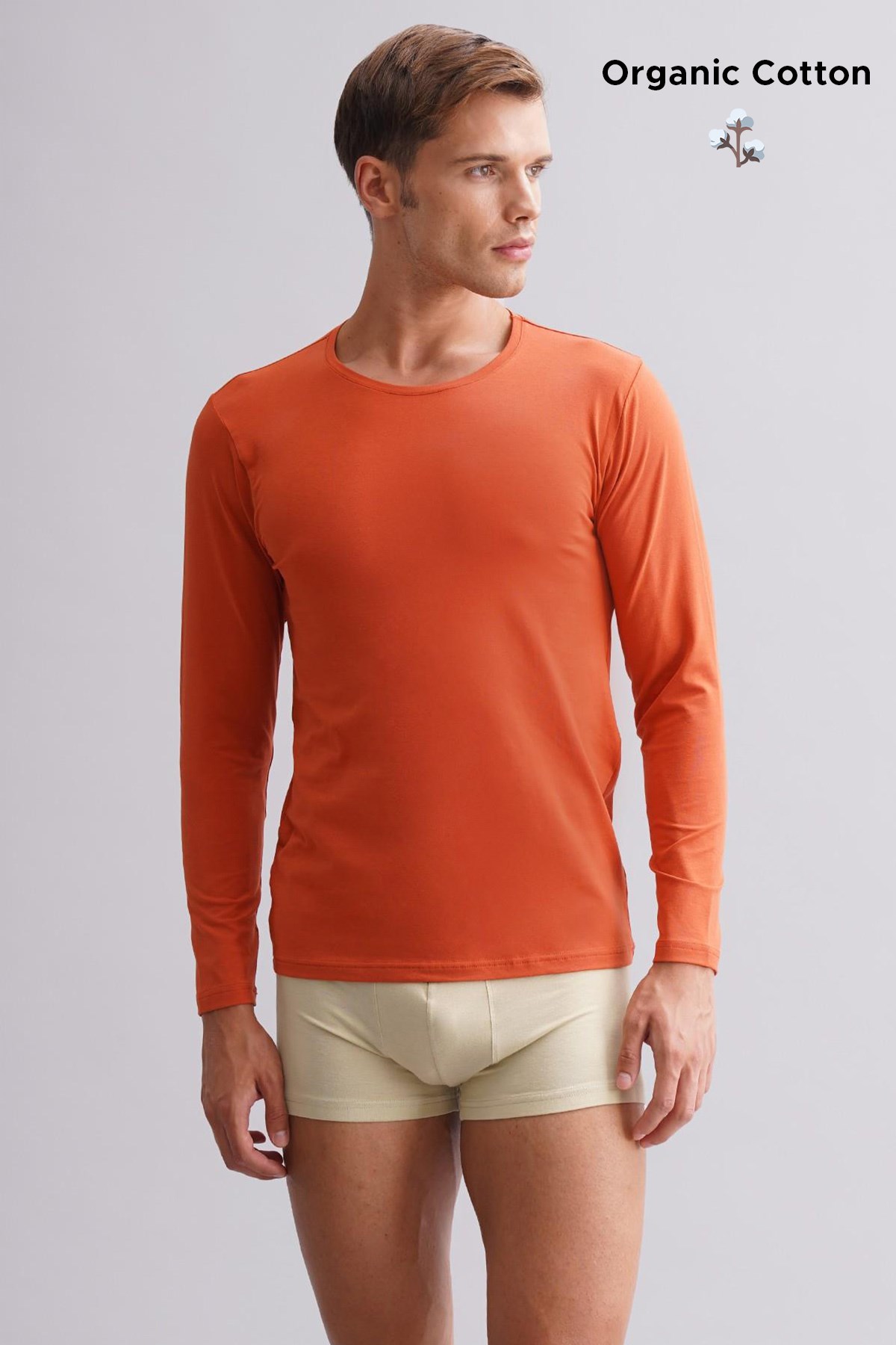 ORGANIC Pamuklu HERCULES Slim Fit Bisiklet Yaka Uzun Kollu Erkek Fanila Pas Kırmızısı