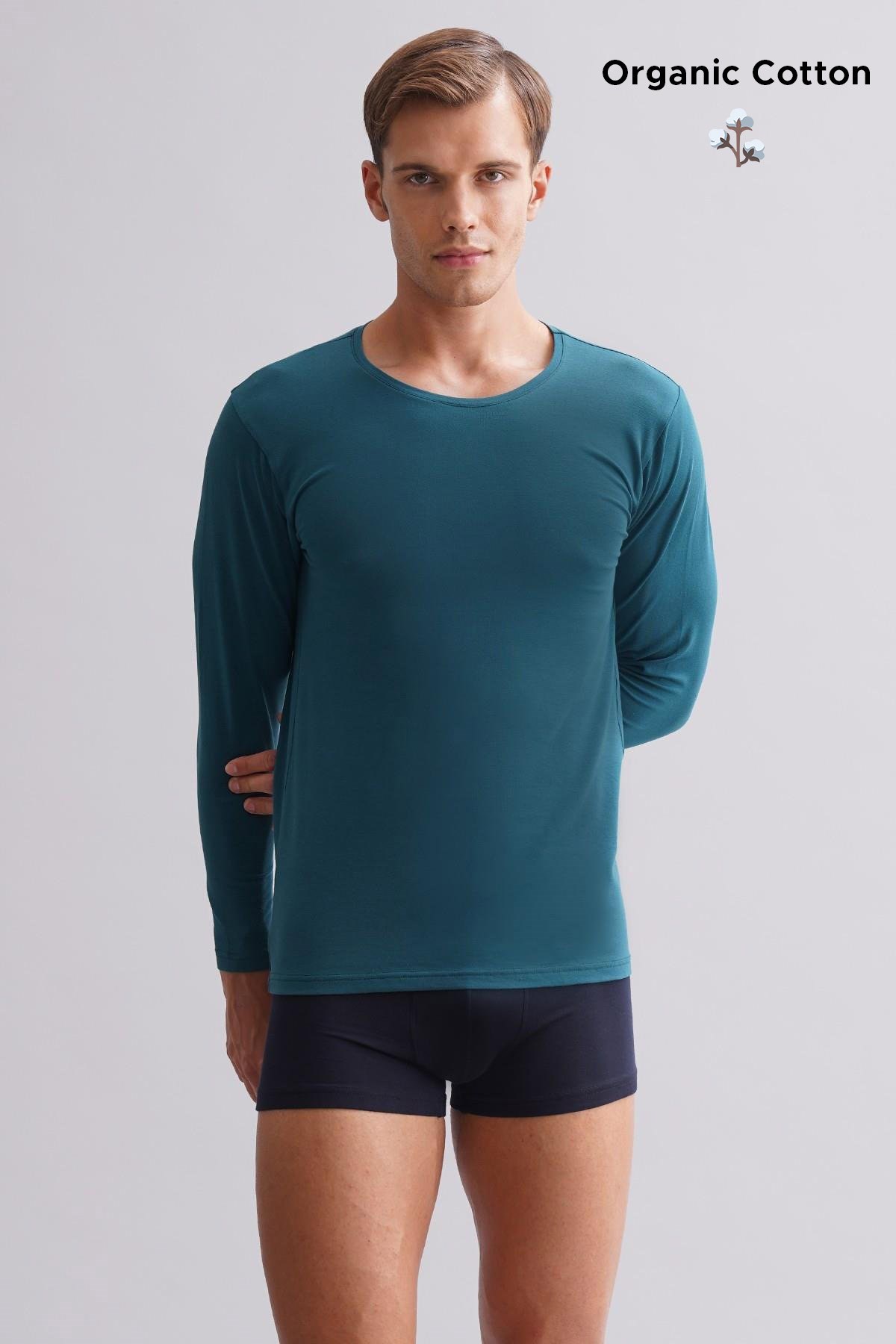 ORGANIC Pamuklu HERCULES Slim Fit Bisiklet Yaka Uzun Kollu Erkek Fanila Fit Green