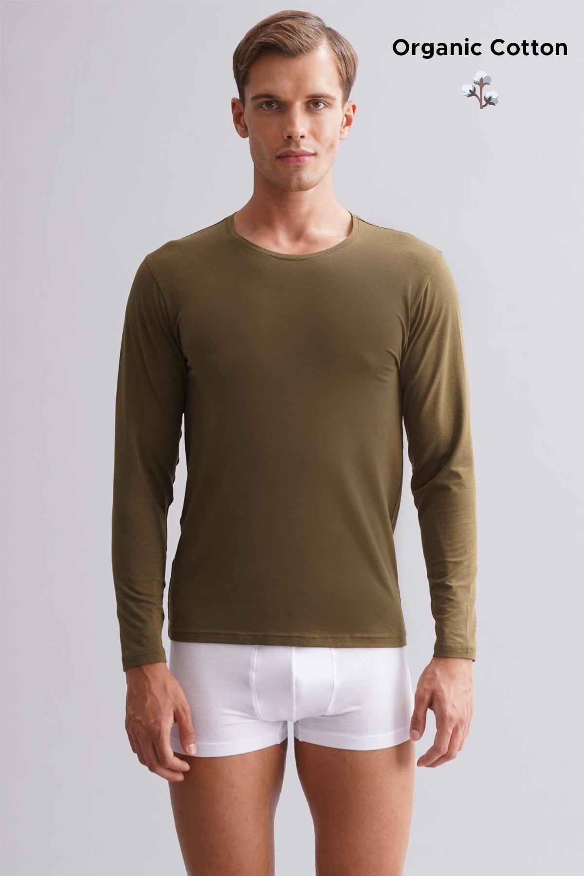 ORGANIC Pamuklu HERCULES Slim Fit Bisiklet Yaka Uzun Kollu Erkek Fanila Koyu Haki