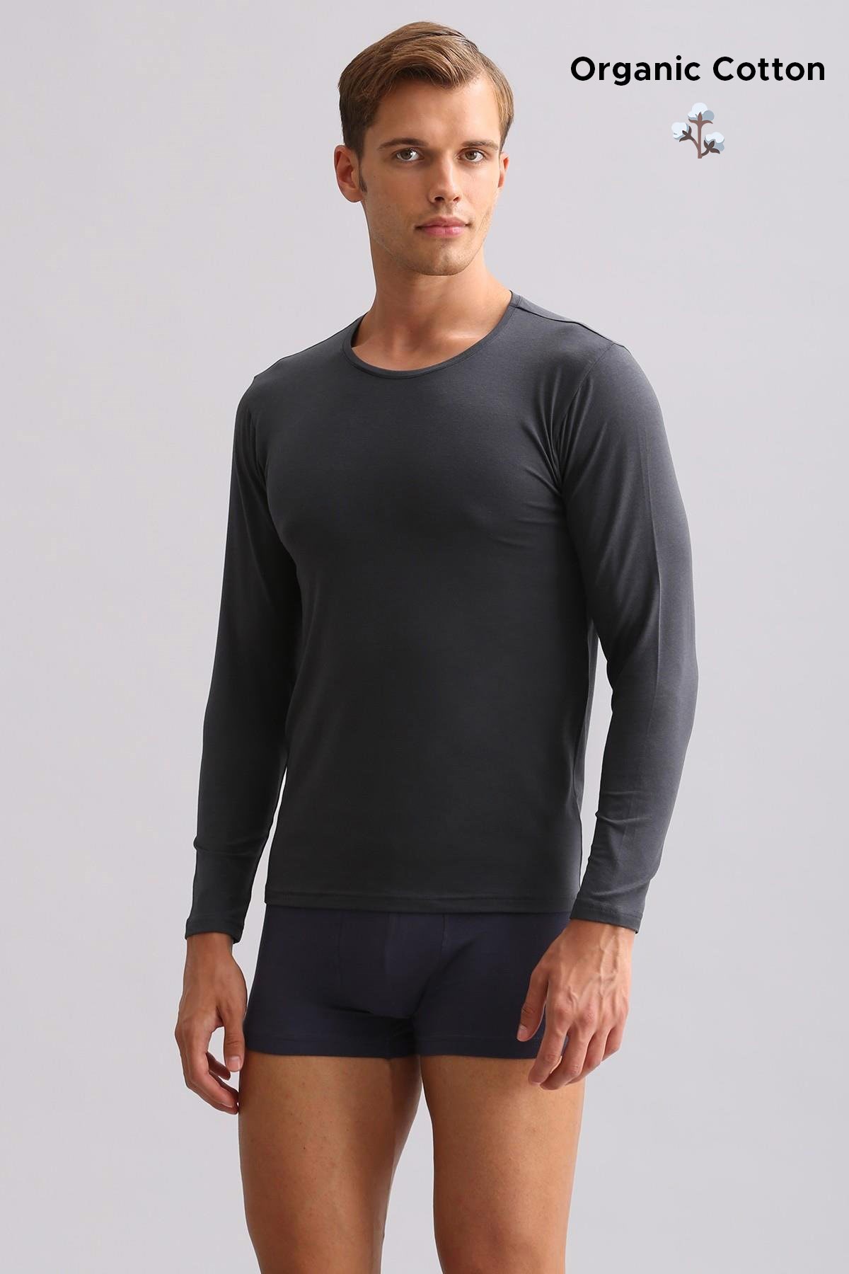 ORGANIC Pamuklu HERCULES Slim Fit Bisiklet Yaka Uzun Kollu Erkek Fanila Atrasit