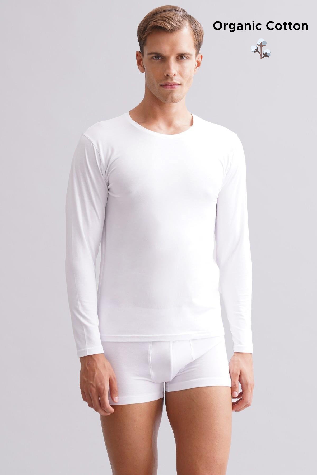 ORGANIC Pamuklu HERCULES Slim Fit Bisiklet Yaka Uzun Kollu Erkek Fanila Beyaz