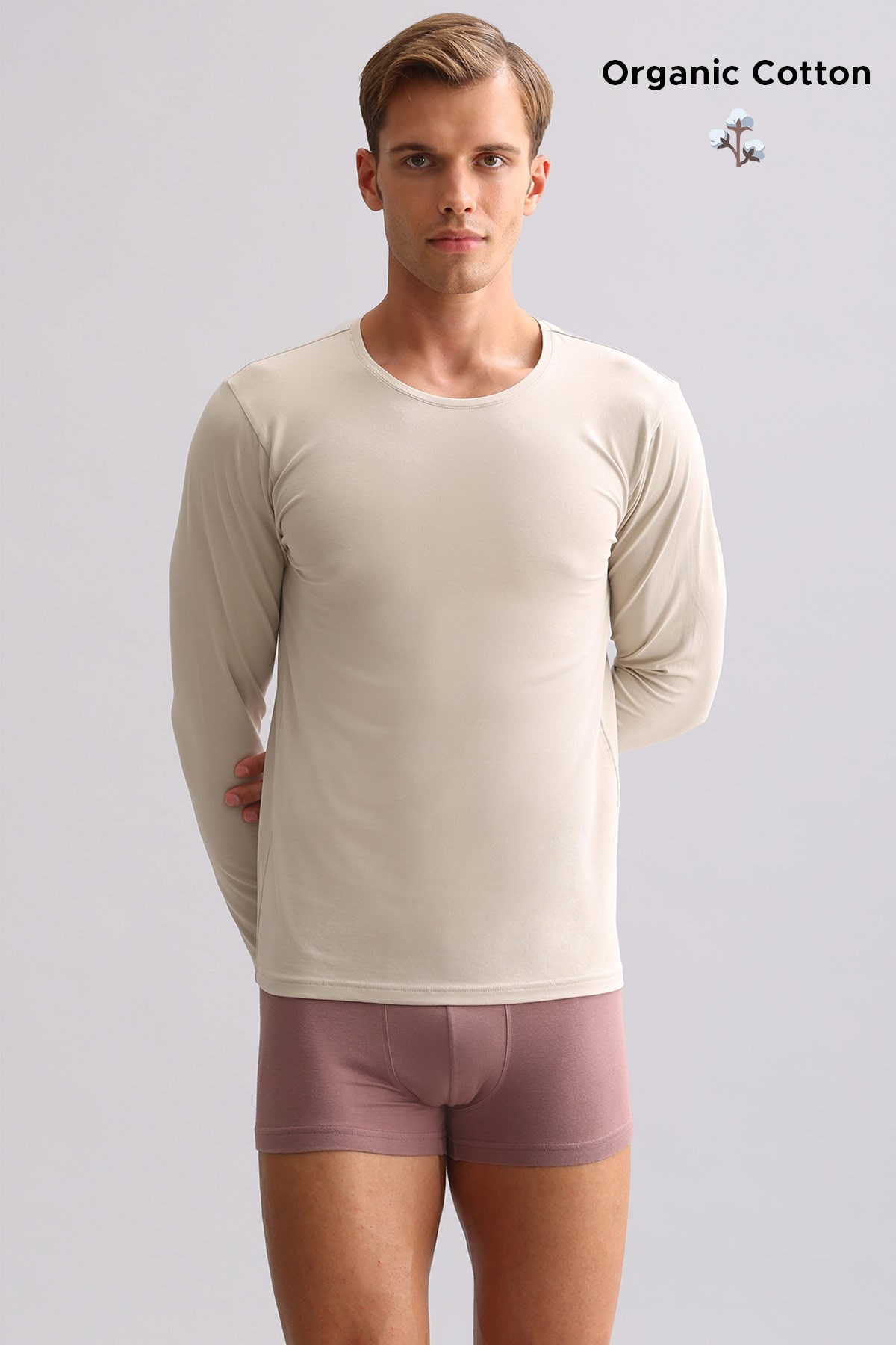 ORGANIC Pamuklu HERCULES Slim Fit Bisiklet Yaka Uzun Kollu Erkek Fanila Toprak Bej