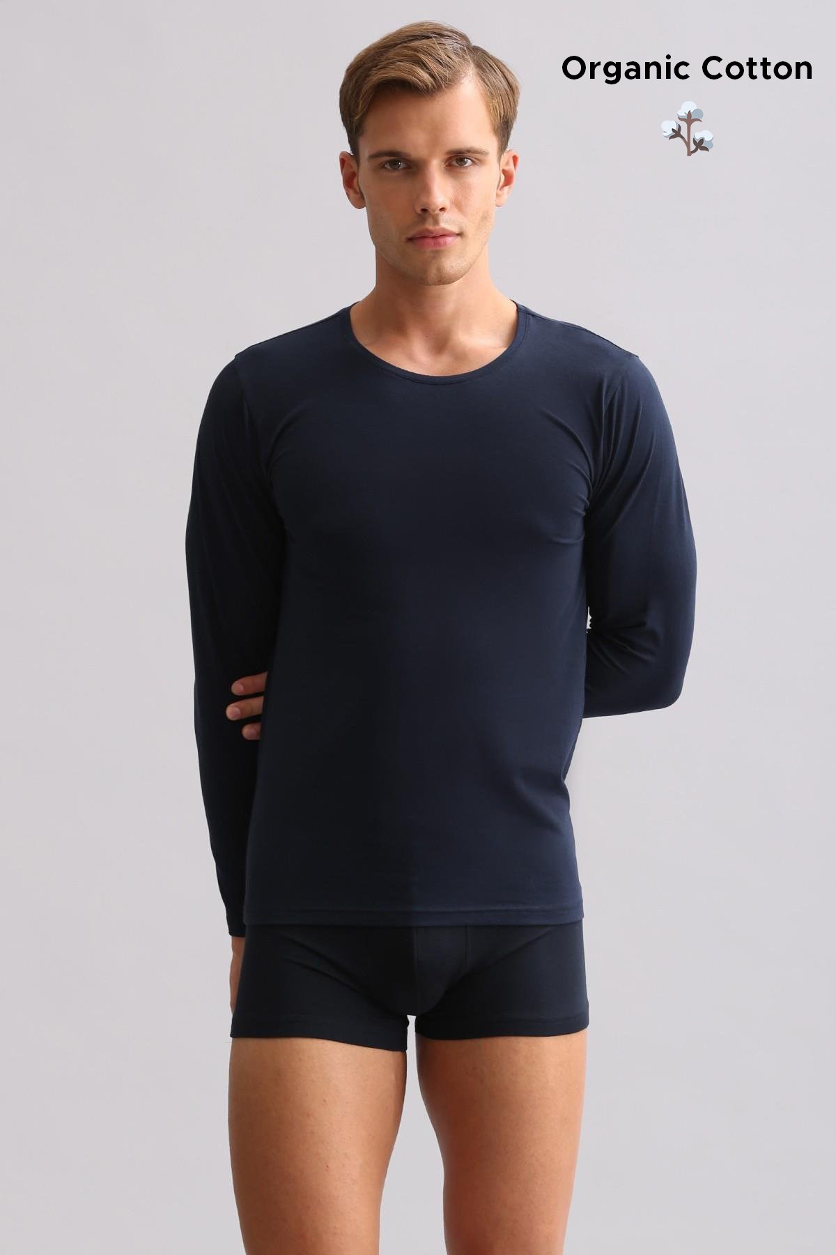ORGANIC Pamuklu HERCULES Slim Fit Bisiklet Yaka Uzun Kollu Erkek Fanila Lacivert